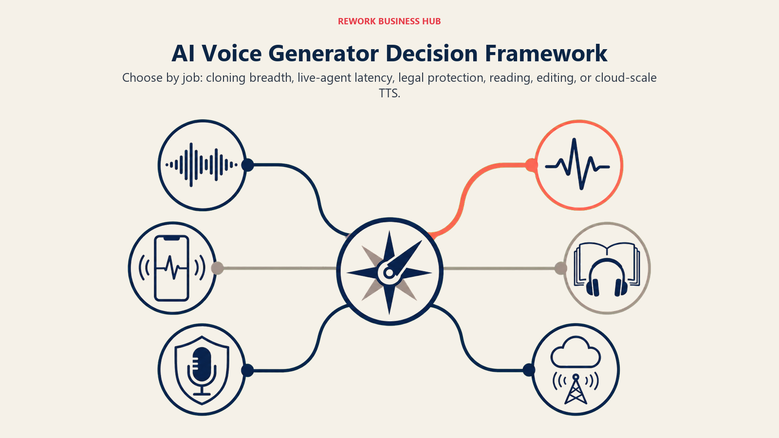 AI voice generator decision compass branching to cloning, agents, licensing, reading, editing, and cloud TTS