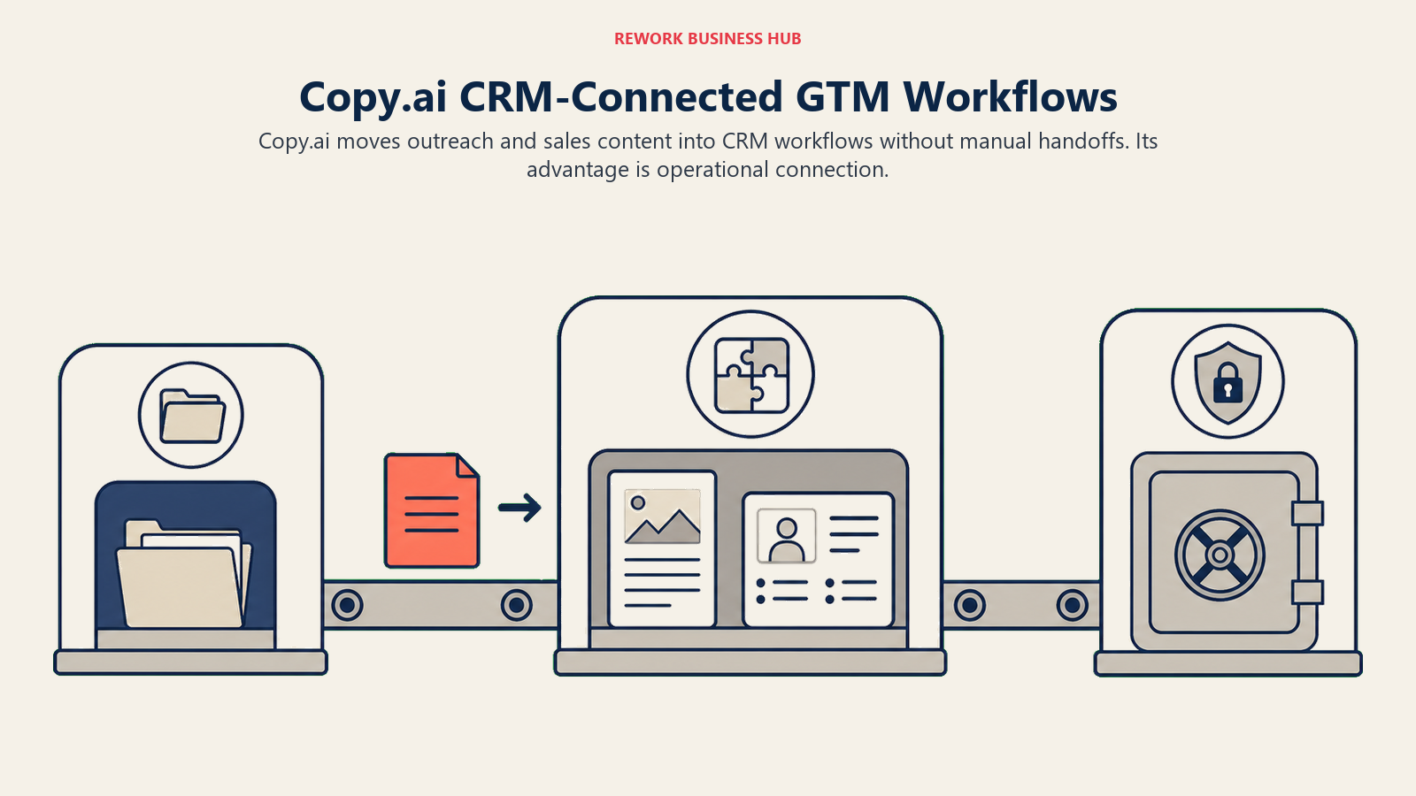 Copy.ai CRM-connected GTM workflow moving a brief through outreach content into sales records