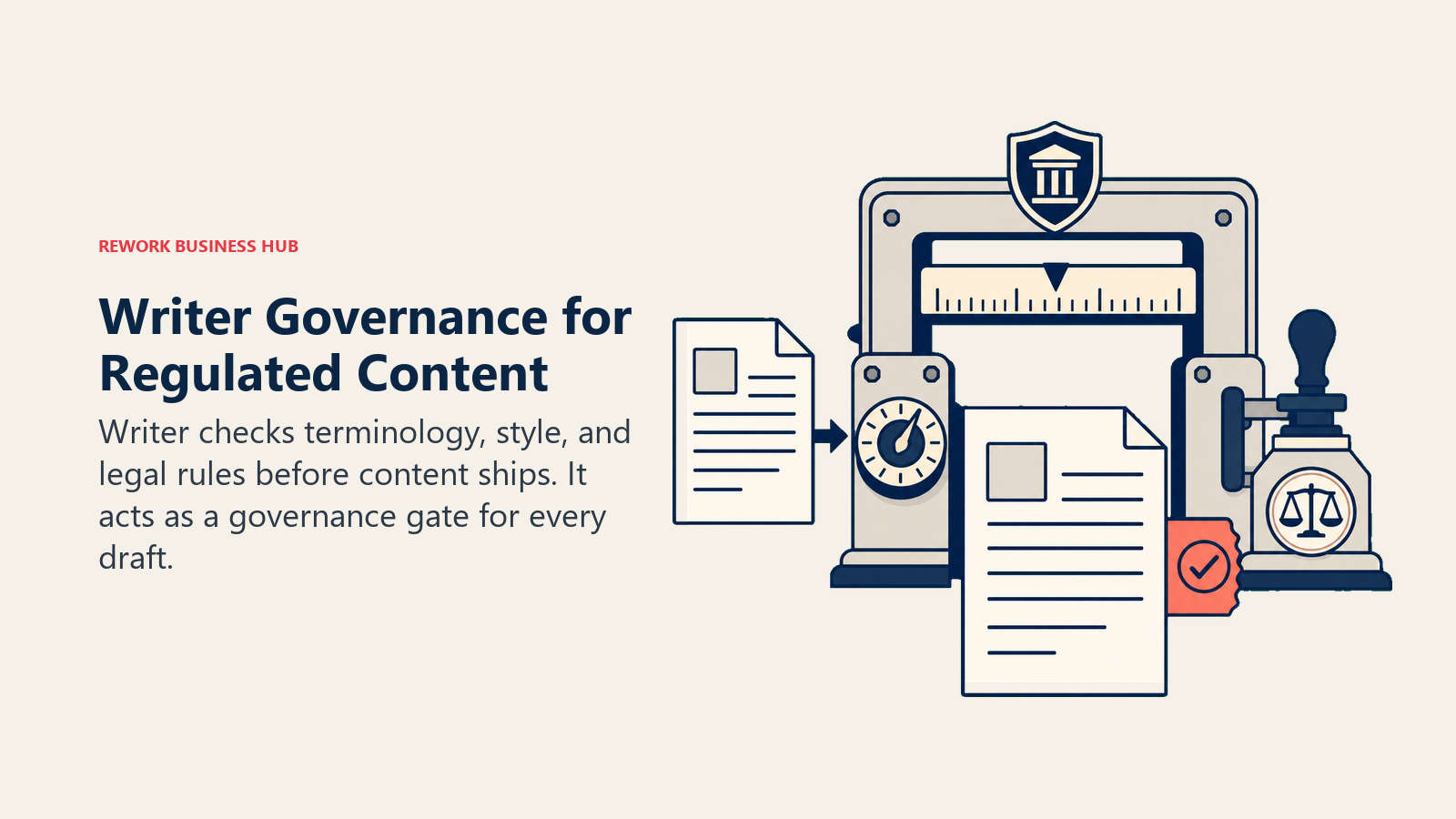 Writer governance gate checking regulated content against terminology, style, and legal rules