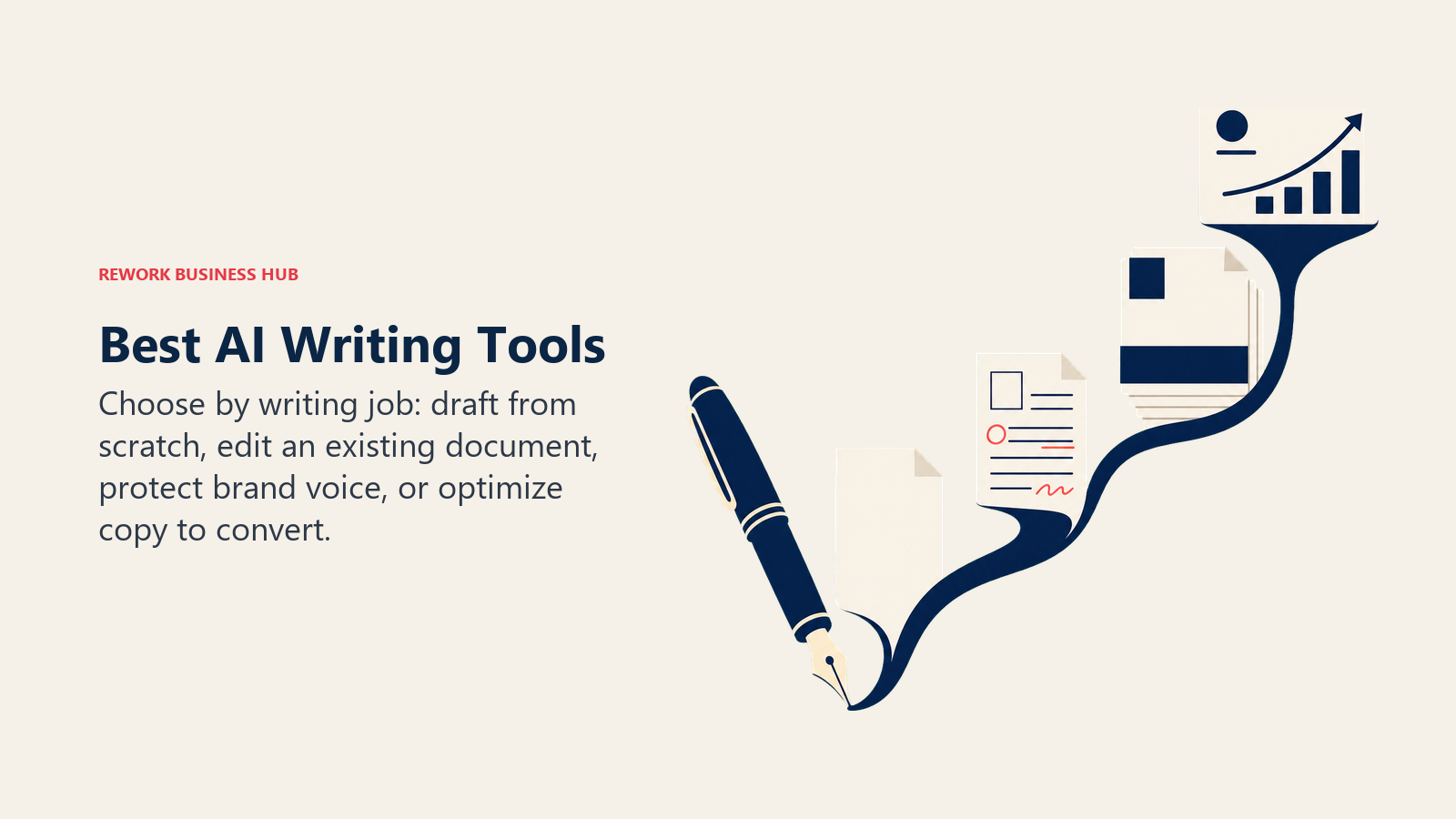 Best AI writing tools represented by a pen producing drafts, edits, brand-consistent documents, and conversion copy