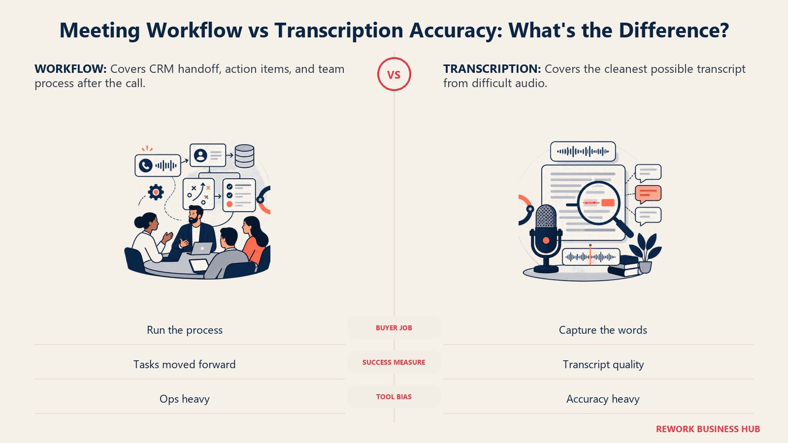 Meeting Workflow vs Transcription Accuracy: What's the Difference? comparison visual