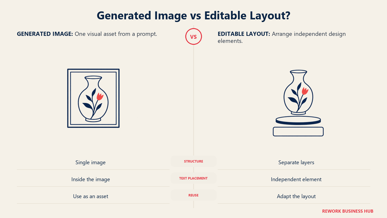 Generated Image vs Editable Layout?: A generated picture is an asset; a layered design lets you adjust its individual elements.