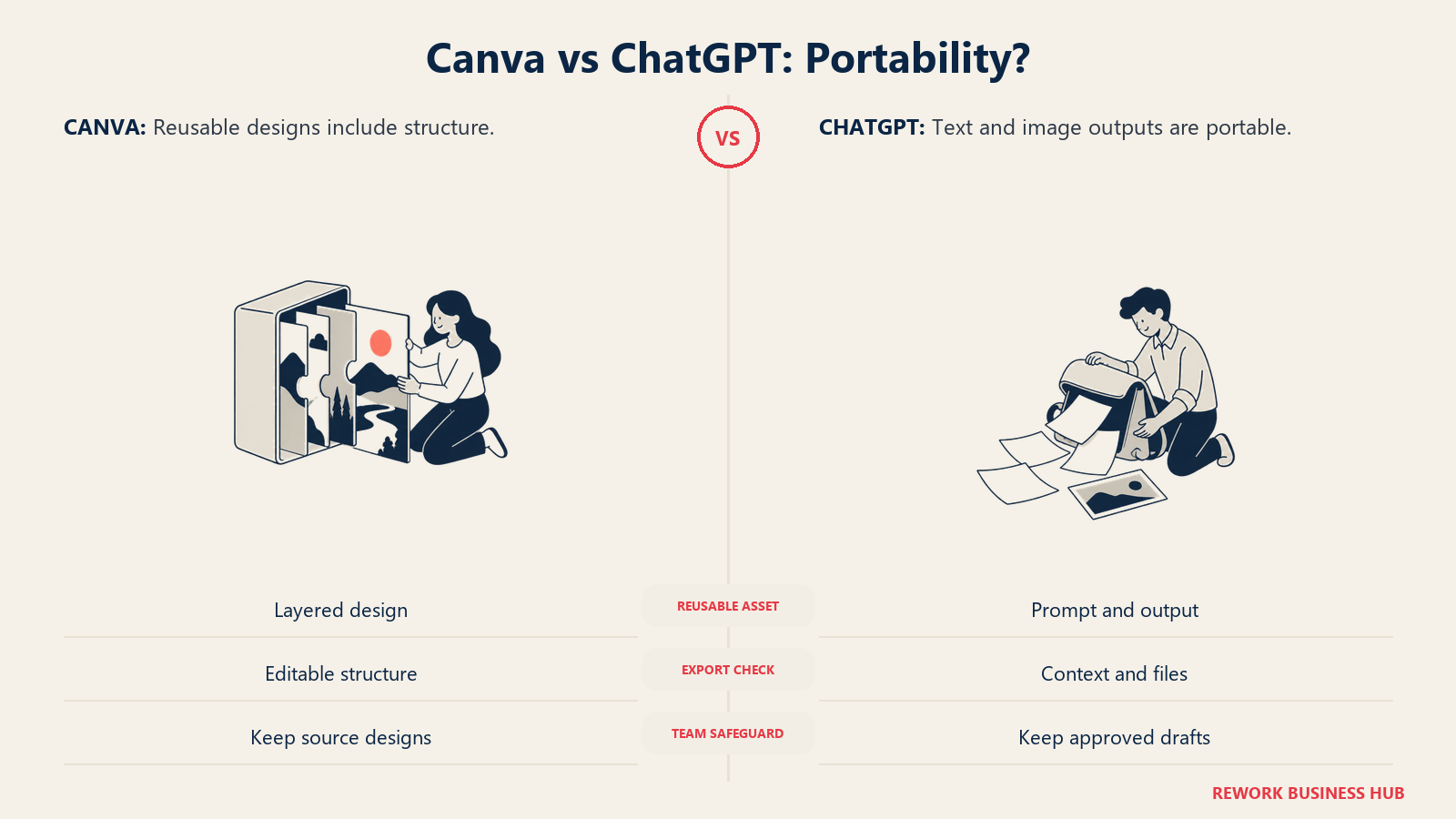 Canva vs ChatGPT: Portability?: Check what survives export before building your process around reusable designs or conversation history.