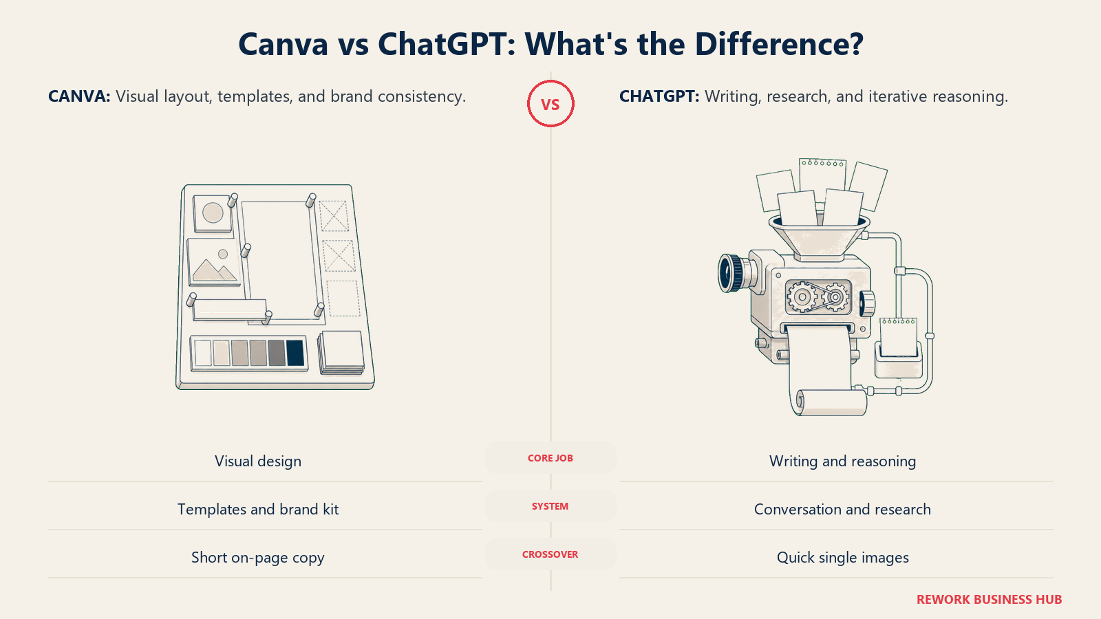 Brand layout worktable compared with a writing and reasoning press for Canva versus ChatGPT content creation