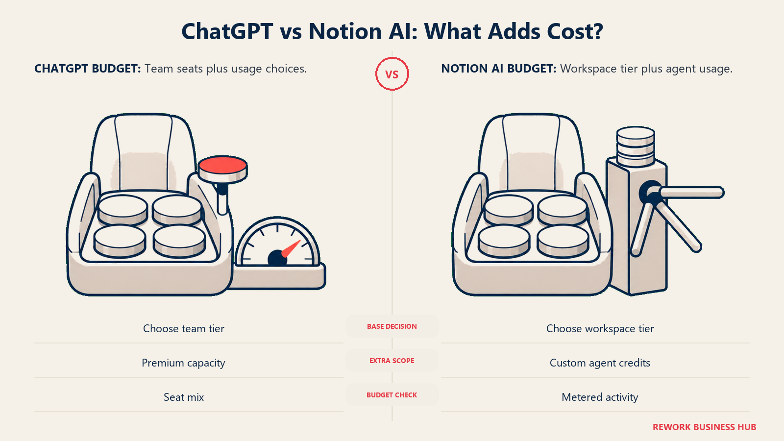 ChatGPT vs Notion AI: What Adds Cost?: Compare required team tiers, then account for premium usage and metered agents.