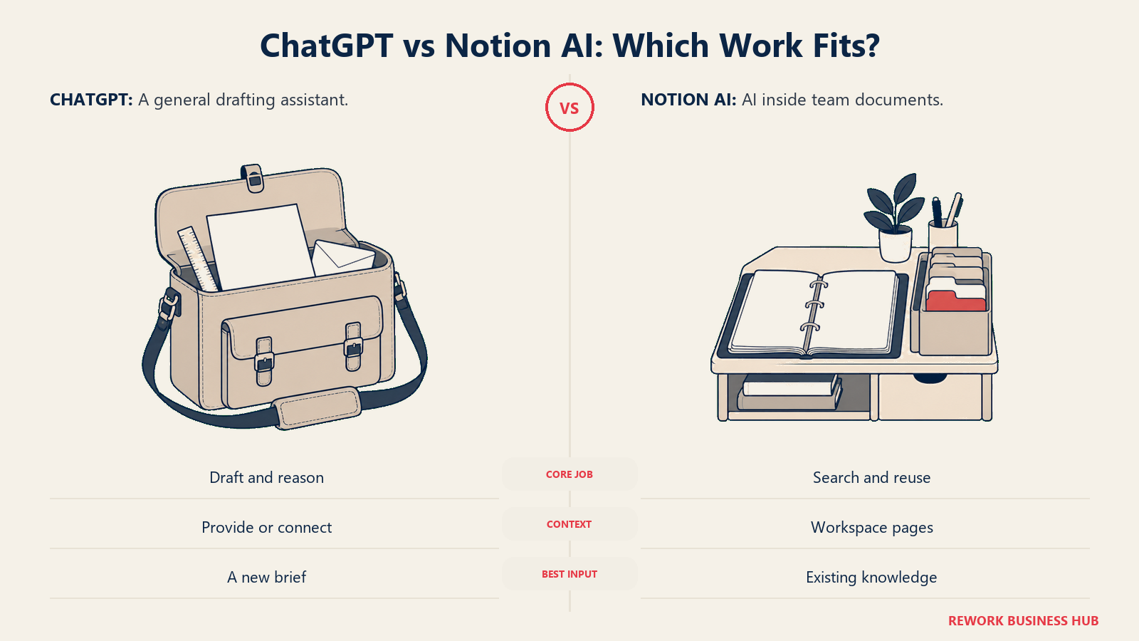 ChatGPT vs Notion AI: Which Work Fits?: ChatGPT handles broad drafting; Notion AI answers from the team workspace.