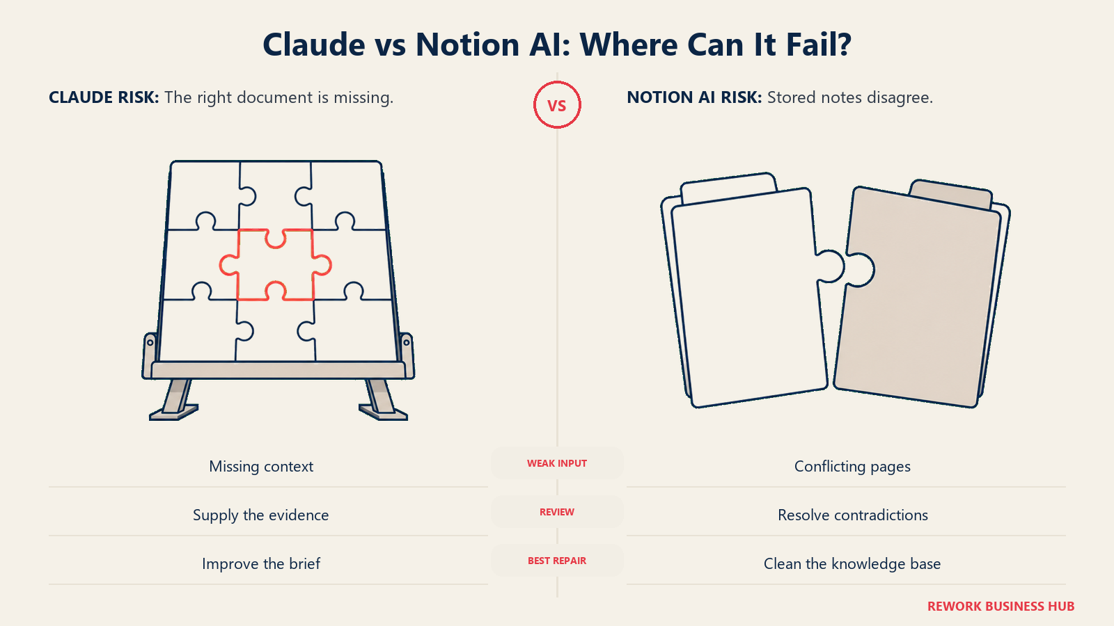 Claude vs Notion AI: Where Can It Fail?: A missing input and a contradictory knowledge base produce different answer-quality failures.
