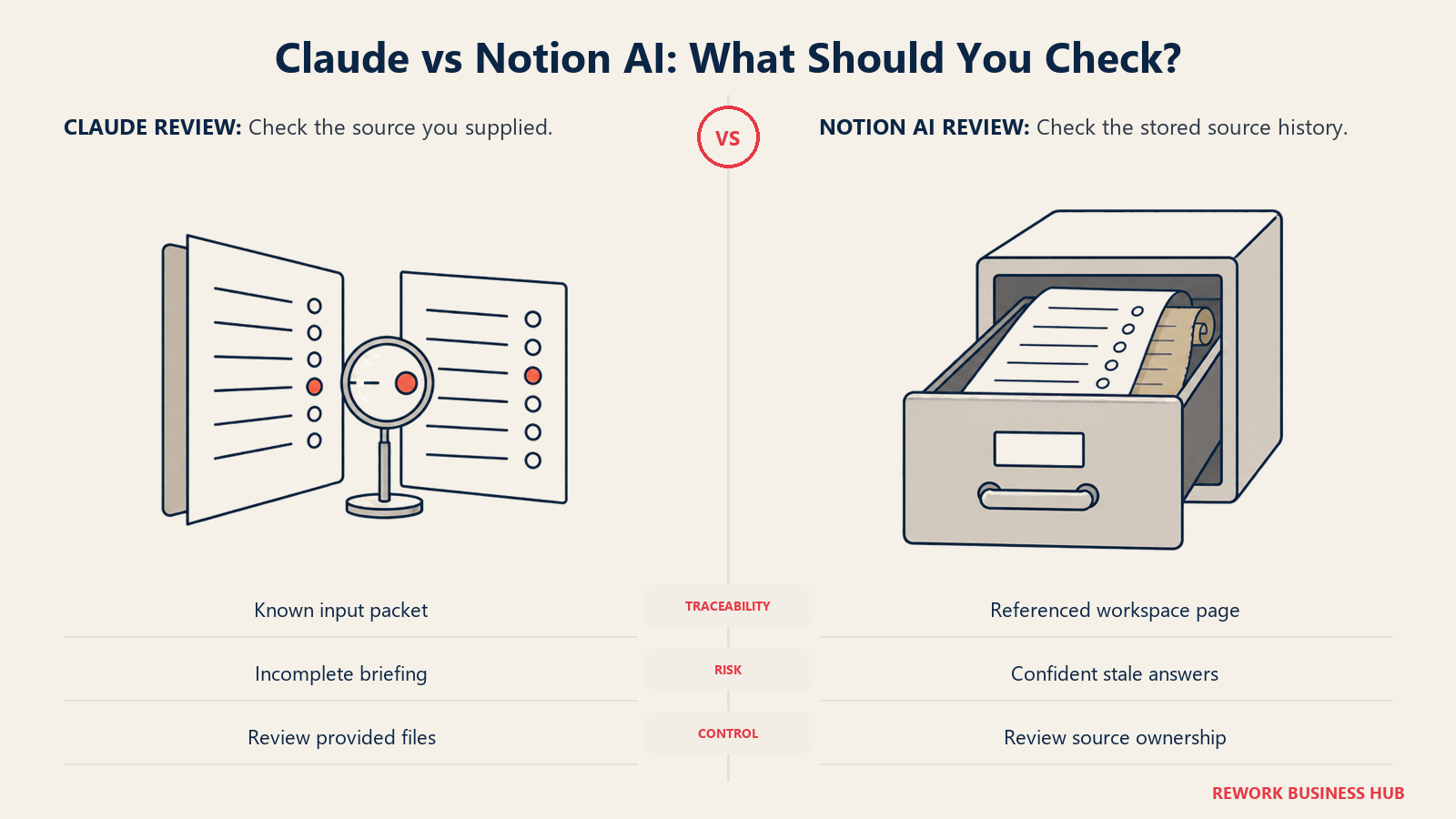 Claude vs Notion AI: What Should You Check?: Verification follows the source: supplied documents for Claude, workspace records for Notion AI.