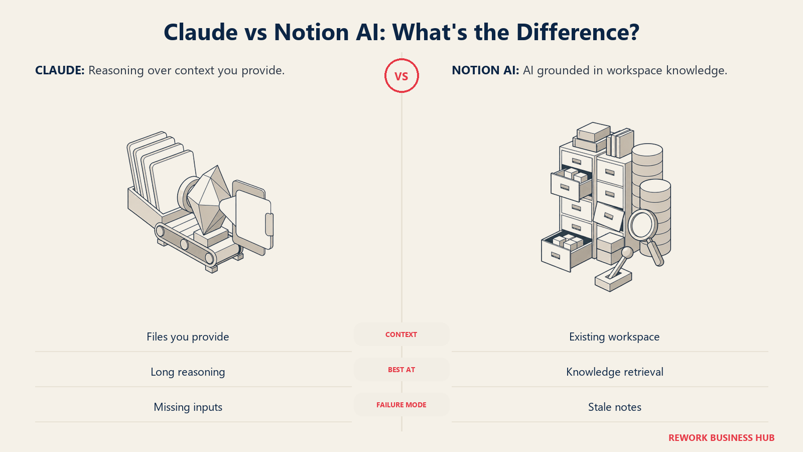 Claude's external document reasoning prism compared with Notion AI's embedded workspace library