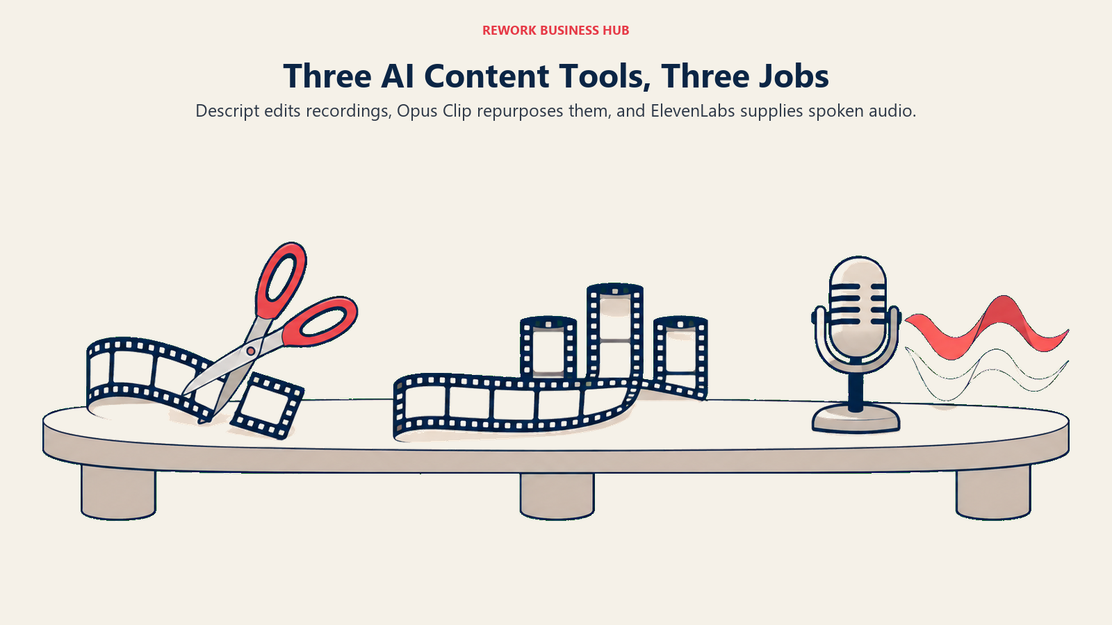 Three AI Content Tools, Three Jobs: Descript edits recordings, Opus Clip repurposes them, and ElevenLabs supplies spoken audio.
