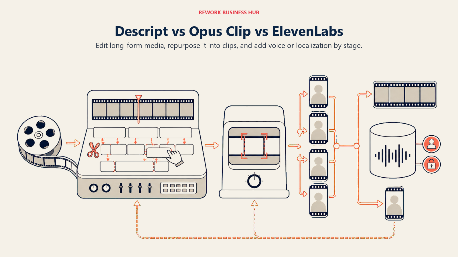 Content workflow connecting long-form editing, short-clip repurposing, and AI voice localization