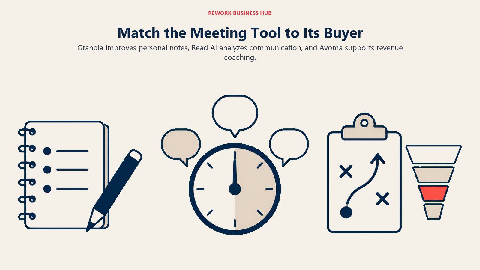 Match the Meeting Tool to Its Buyer: Granola improves personal notes, Read AI analyzes communication, and Avoma supports revenue coaching.