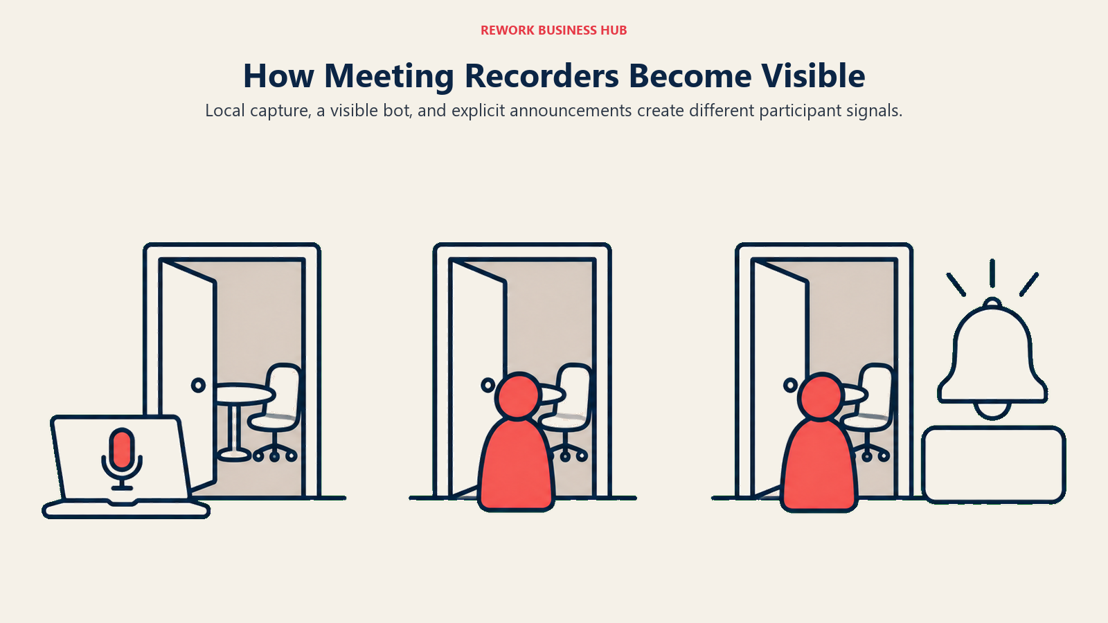 How Meeting Recorders Become Visible: Local capture, a visible bot, and explicit announcements create different participant signals.