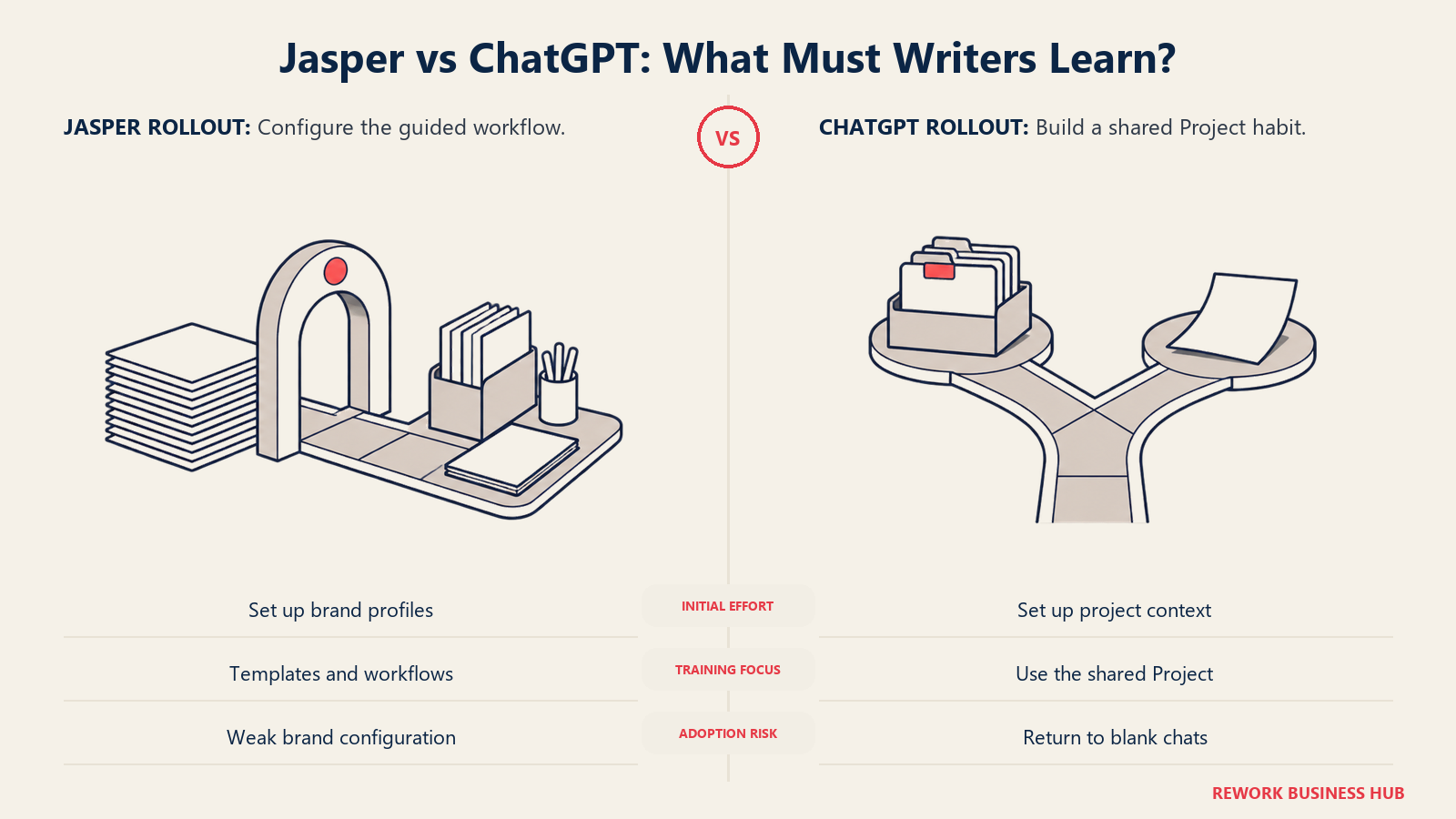 Jasper vs ChatGPT: What Must Writers Learn?: Both need brand setup; ChatGPT also needs consistent use of the shared Project.