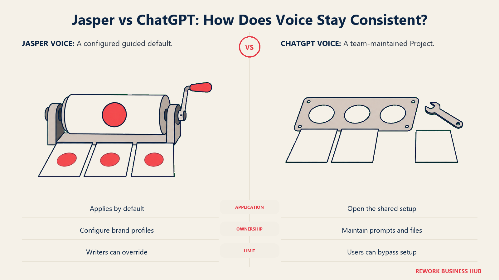 Jasper vs ChatGPT: How Does Voice Stay Consistent?: A guided brand default differs from a shared Project that people must choose and maintain.