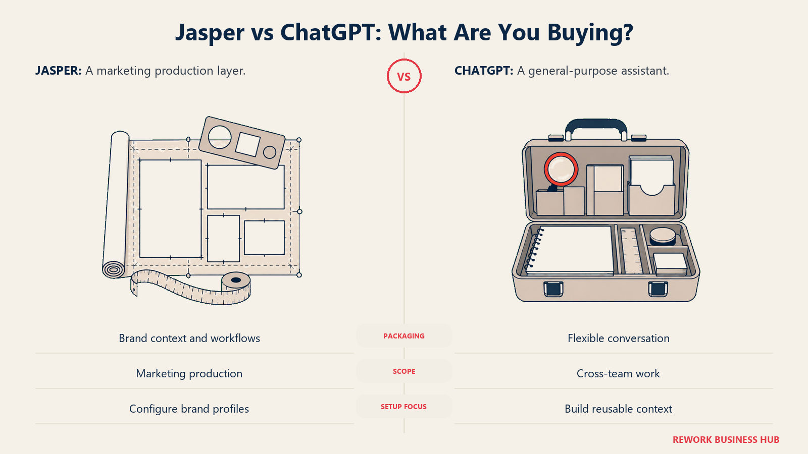 Jasper vs ChatGPT: What Are You Buying?: Jasper packages a marketing workflow; ChatGPT supplies a general assistant that teams configure.