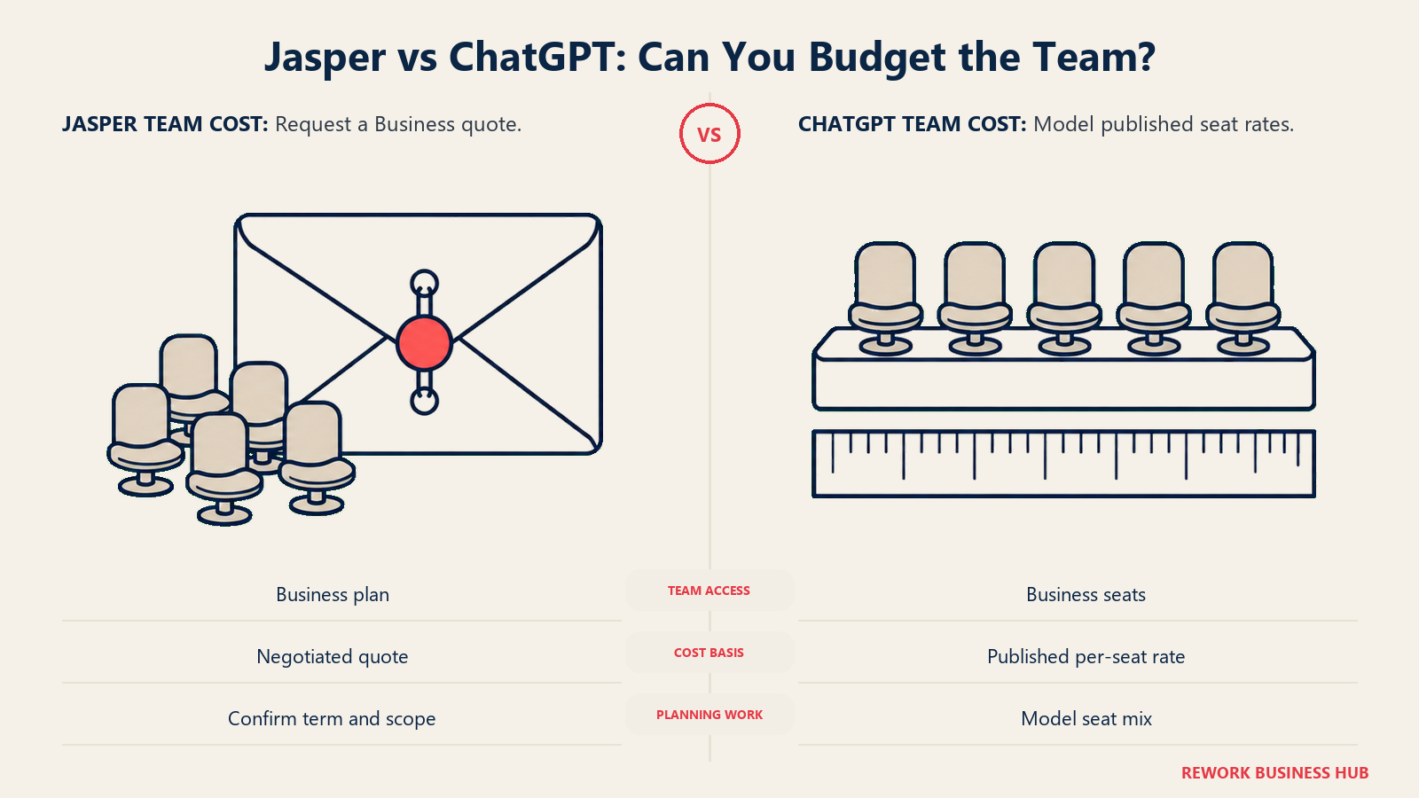 Jasper vs ChatGPT: Can You Budget the Team?: Jasper team pricing needs a quote; ChatGPT team pricing uses published seat rates.