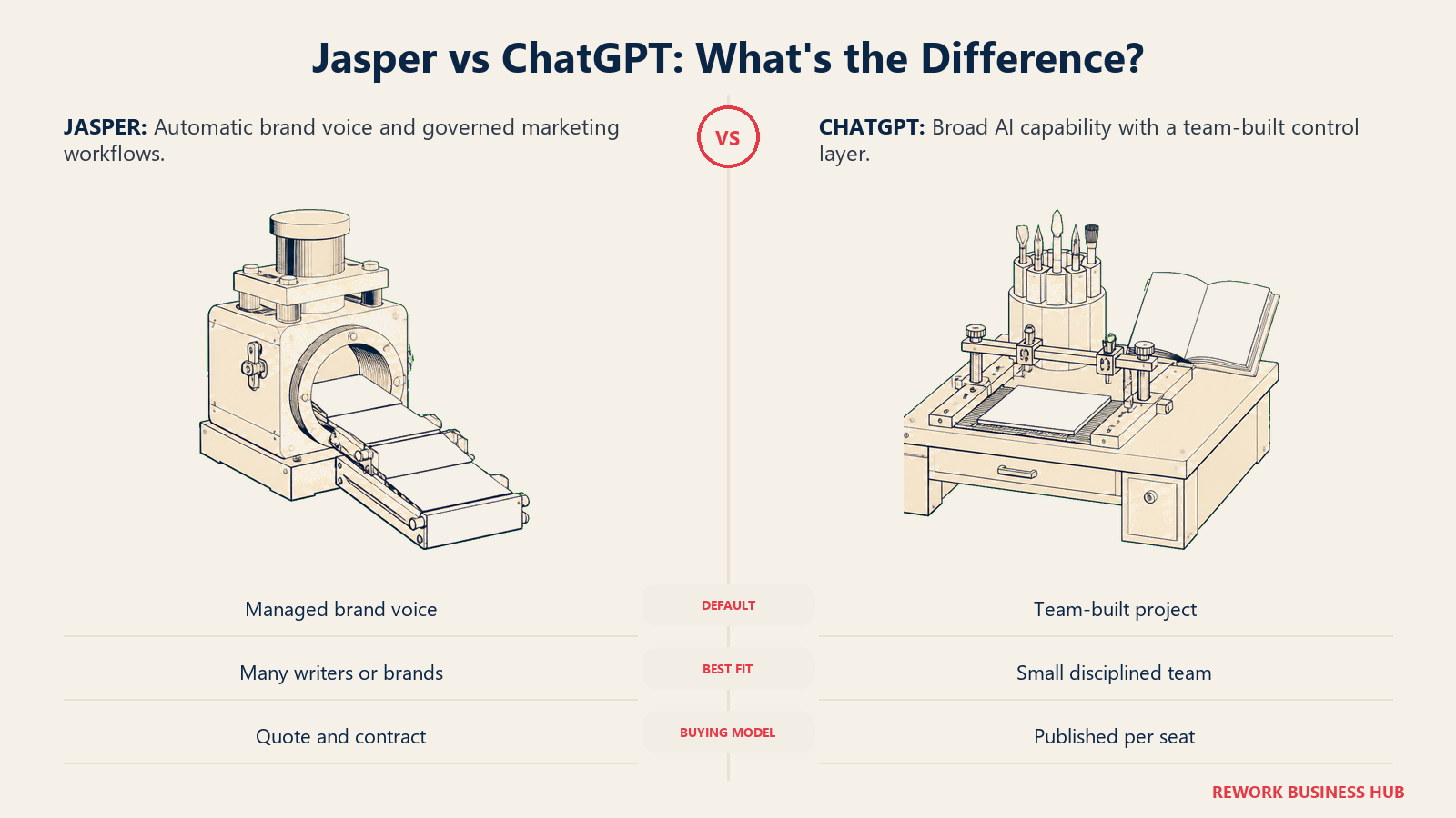 Automatic brand-governance press compared with a versatile team-maintained AI workbench for Jasper versus ChatGPT