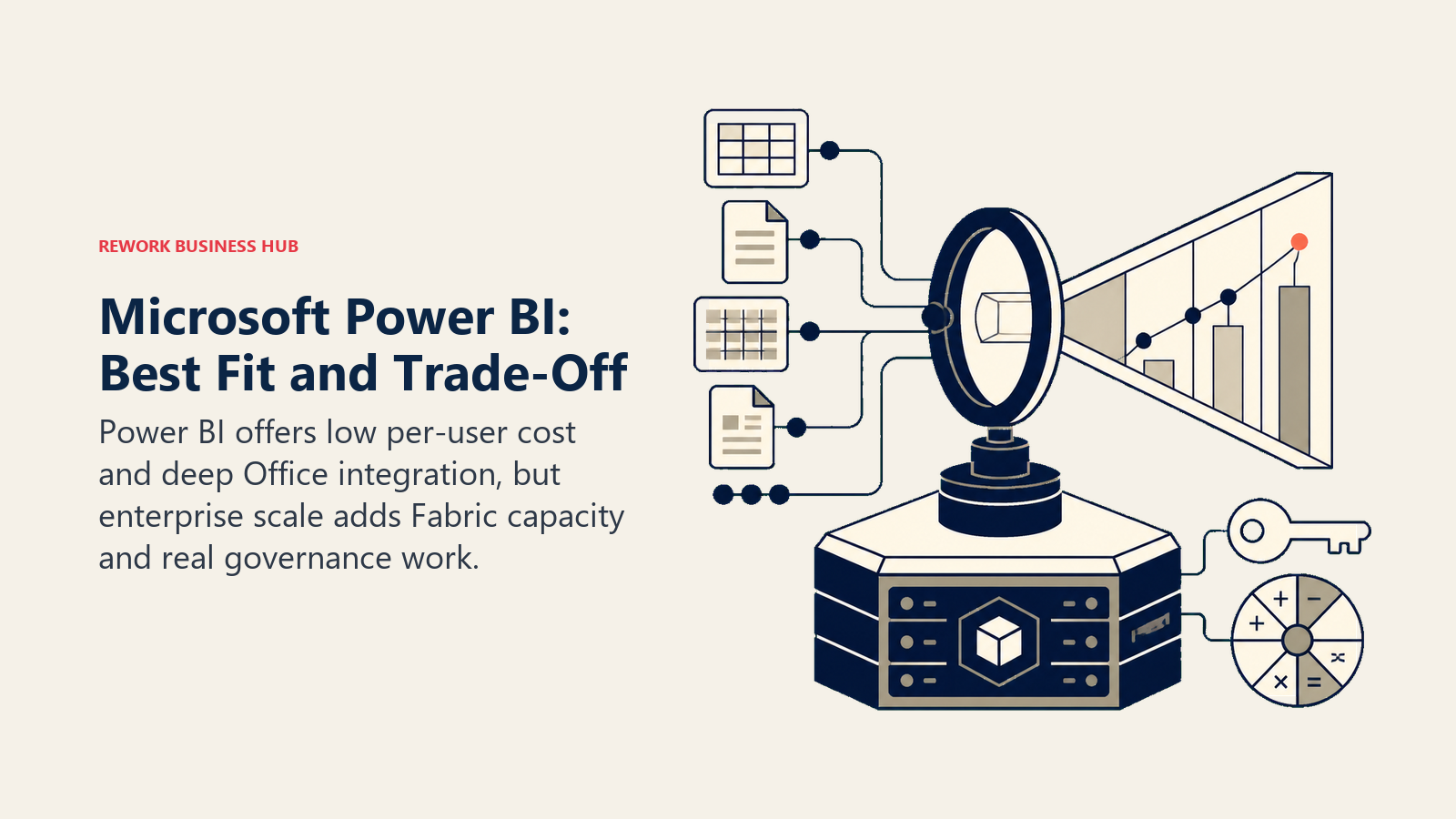 Microsoft Power BI fit shown as familiar spreadsheet inputs entering an Office-connected analytics lens with a separate Fabric capacity foundation