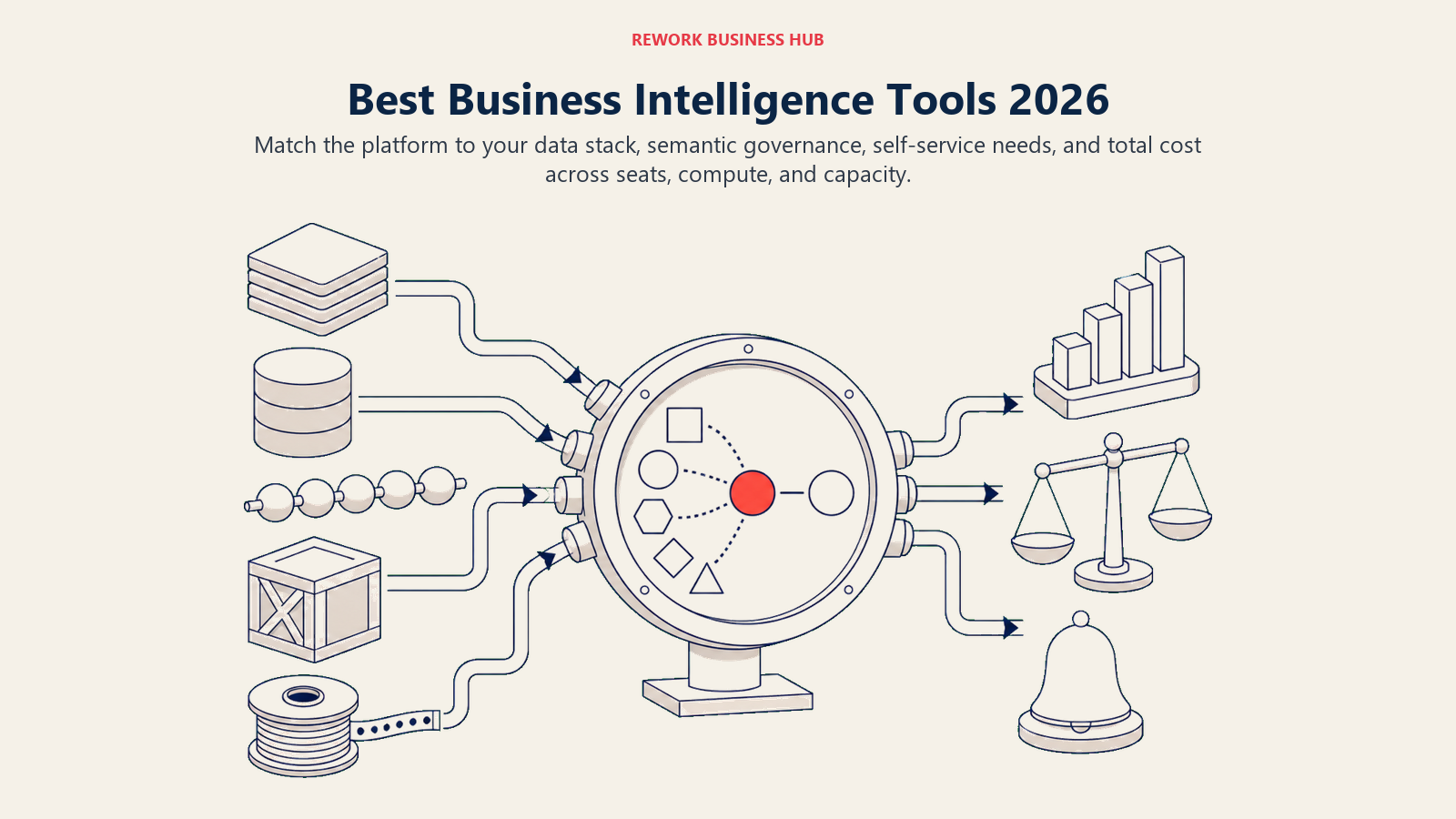 Best business intelligence tools shown as raw data sources passing through one governed metric lens into clear analysis outputs