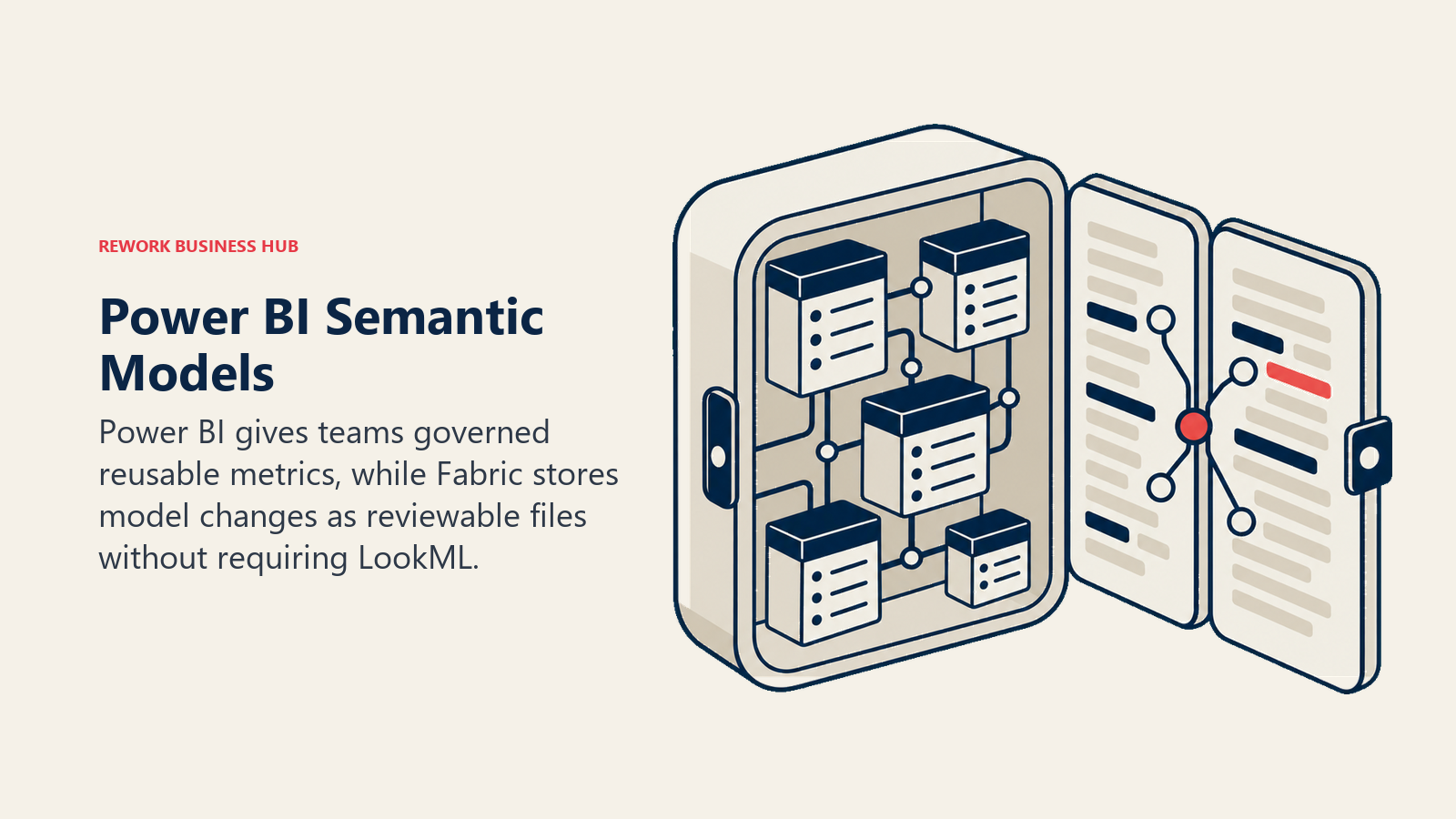 Power BI semantic models shown as a governed model cabinet with relationship rails and reviewable file diffs