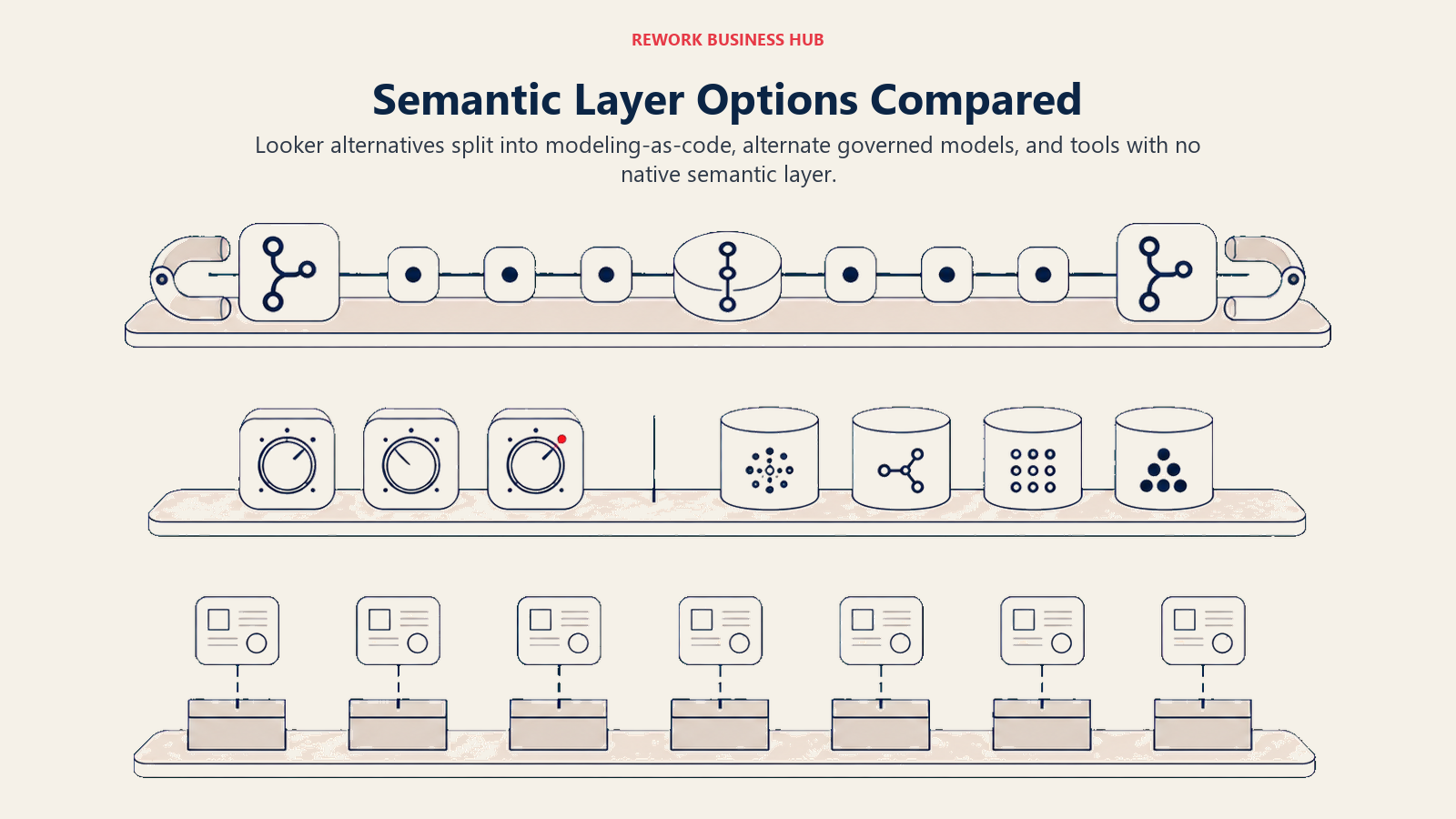 Semantic layer options compared as platform tokens sorted into modeling-as-code, alternate governance, and no-layer shelves