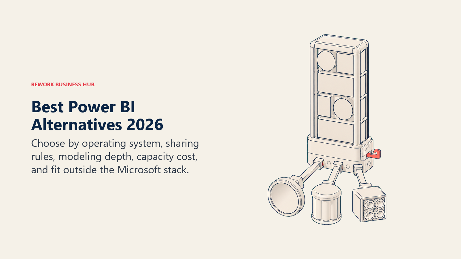 Best Power BI alternatives shown as a constrained analytics stack opening through a universal adapter into flexible platform routes