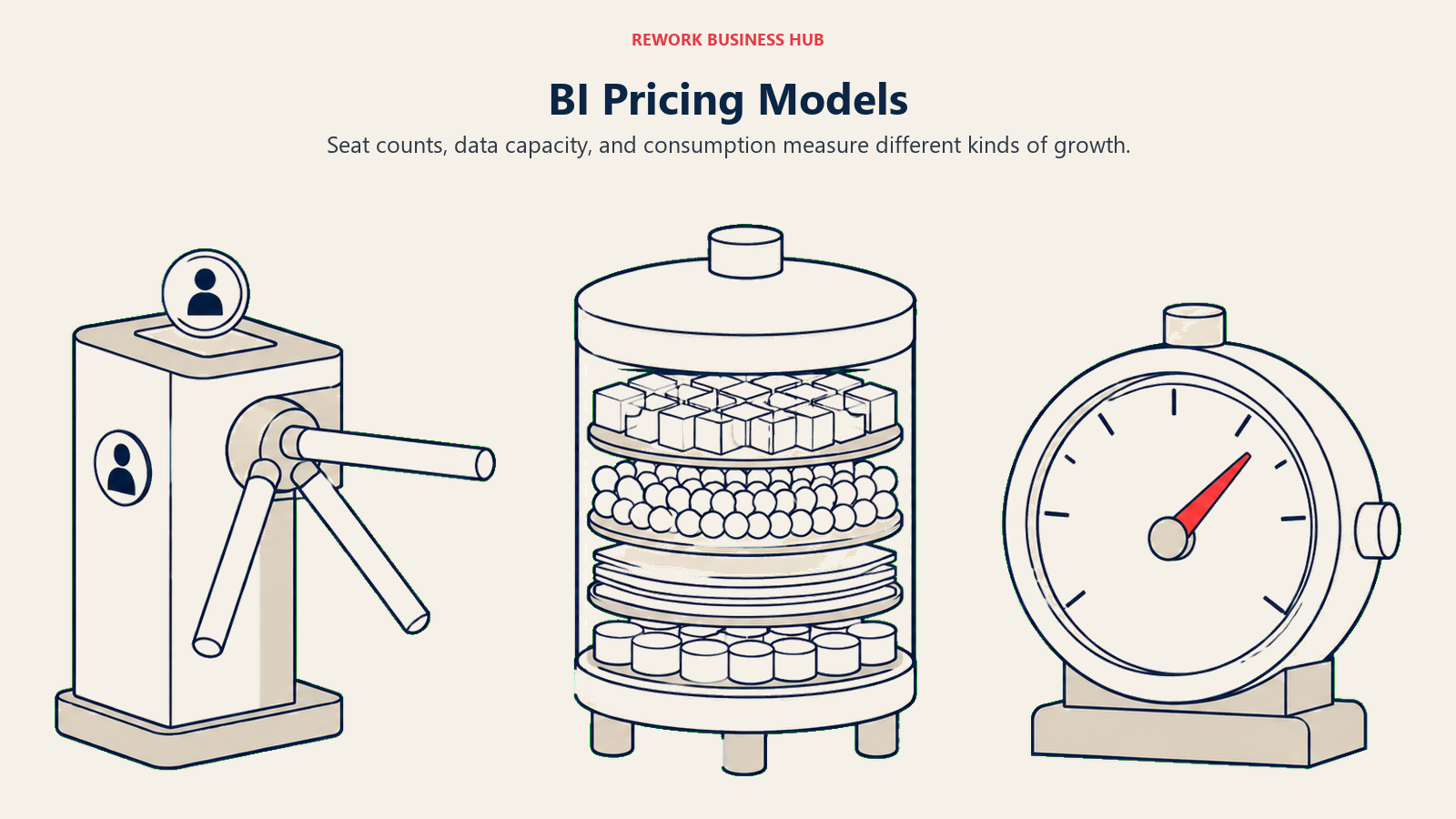 BI Pricing Models: Three spacious physical metering stations along one horizontal baseline: a turnstile admitting user tokens, a graduated storage vessel holding data layers, and a rounded utility meter with a single coral needle