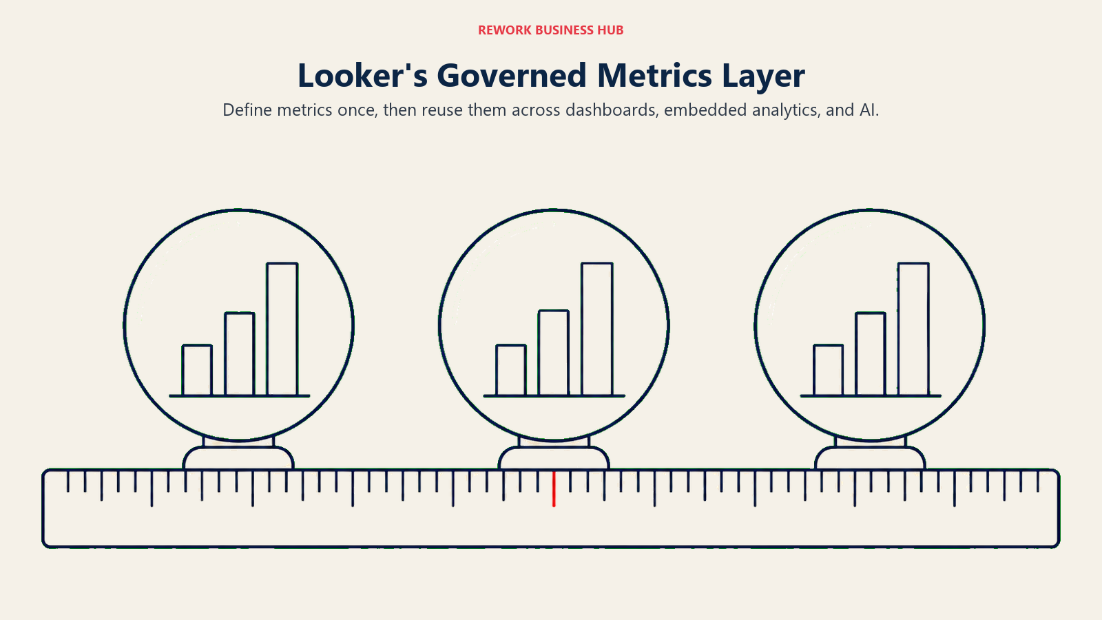 Looker's Governed Metrics Layer: single broad engraved-free measuring ruler supports three translucent display lenses at equal distances, each showing the same simple proportional data bars