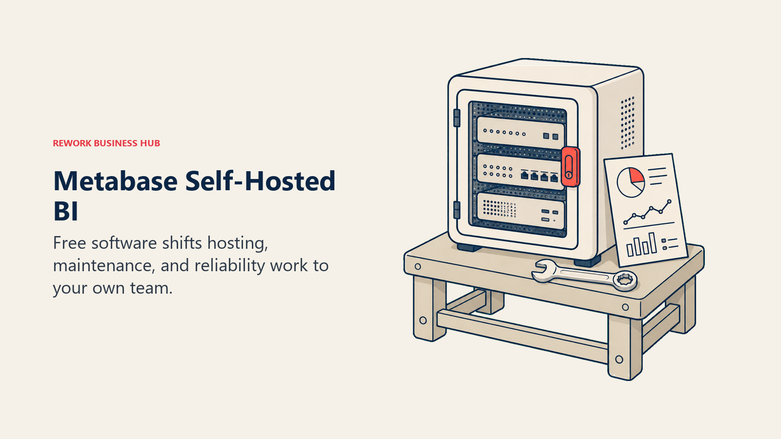 Metabase Self-Hosted BI: compact server cabinet sits on a small sturdy workbench, with a dashboard sheet leaning against it and a maintenance wrench neatly placed at the base