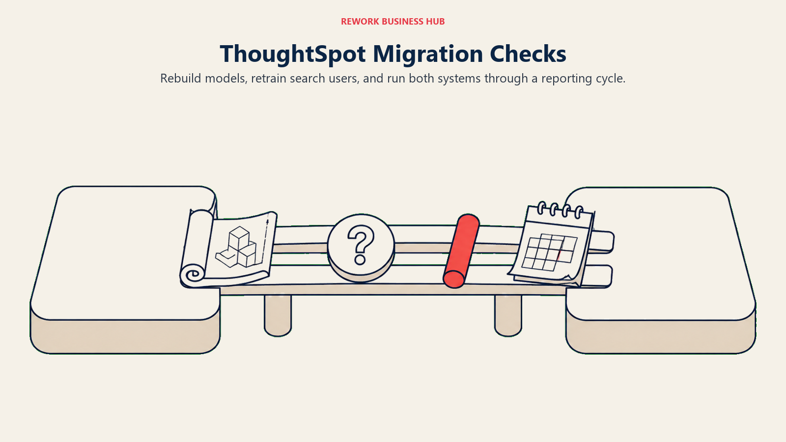 ThoughtSpot Migration Checks: wide short bridge carries three distinct artifacts from one platform to another: a rolled model blueprint, a question bubble token, and a reporting calendar sheet