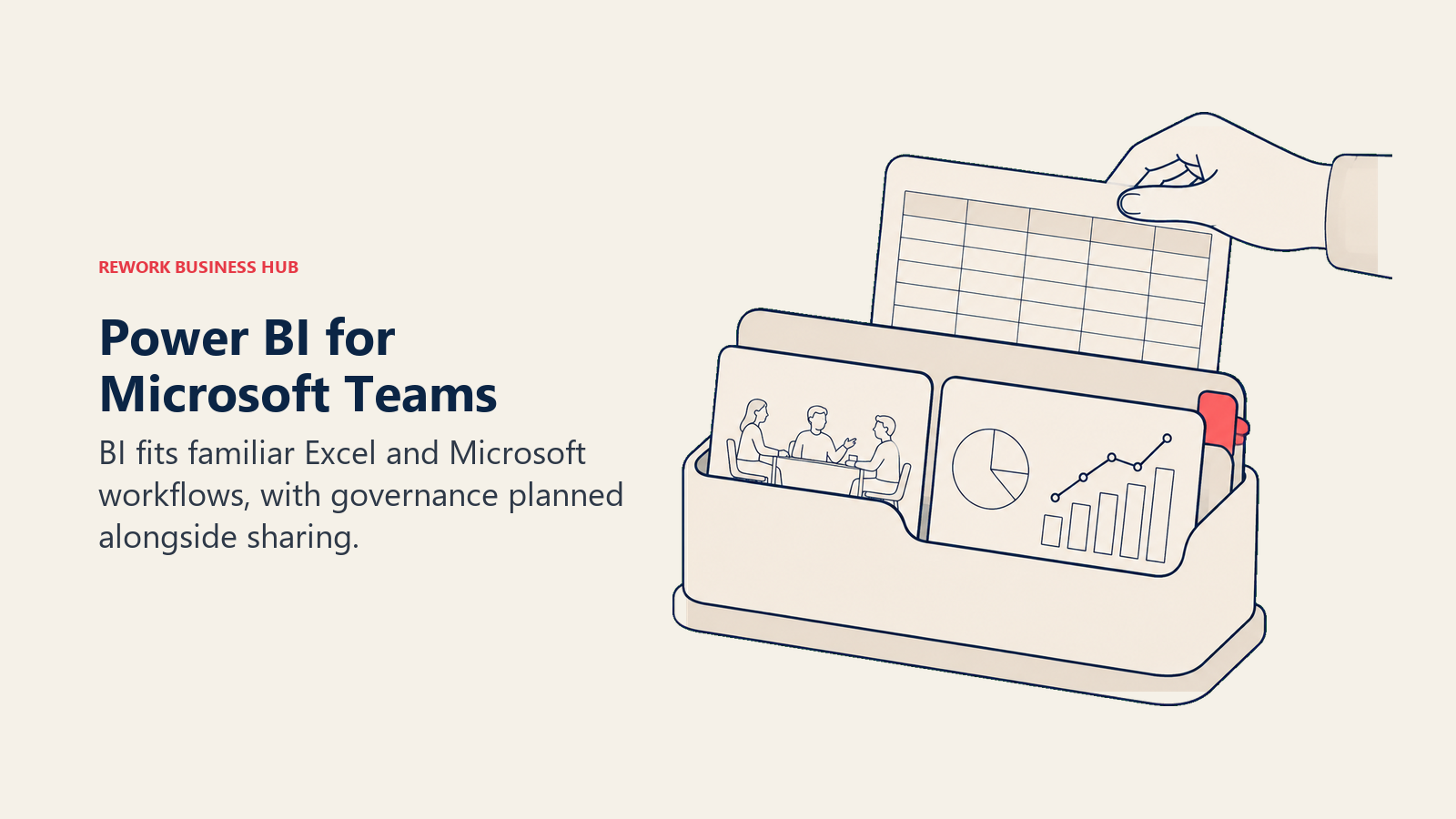 Power BI for Microsoft Teams: spreadsheet sheet slips cleanly into a rounded desktop organizer already holding one meeting card and one analytical chart