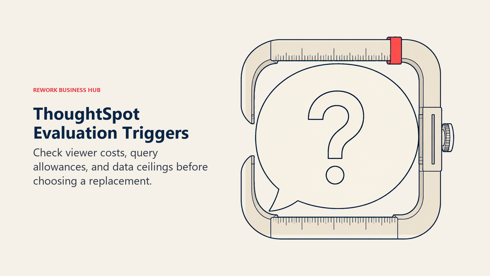ThoughtSpot Evaluation Triggers: large open analytical question bubble is held inside a rounded measuring caliper that almost touches its edges