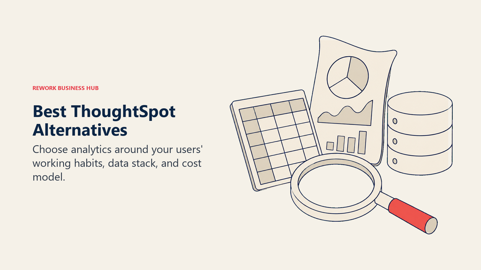 Best ThoughtSpot Alternatives: oversized analytical magnifying lens rests beside a fan of three distinct physical artifacts: a spreadsheet tile, a sculpted chart sheet, and a database cylinder