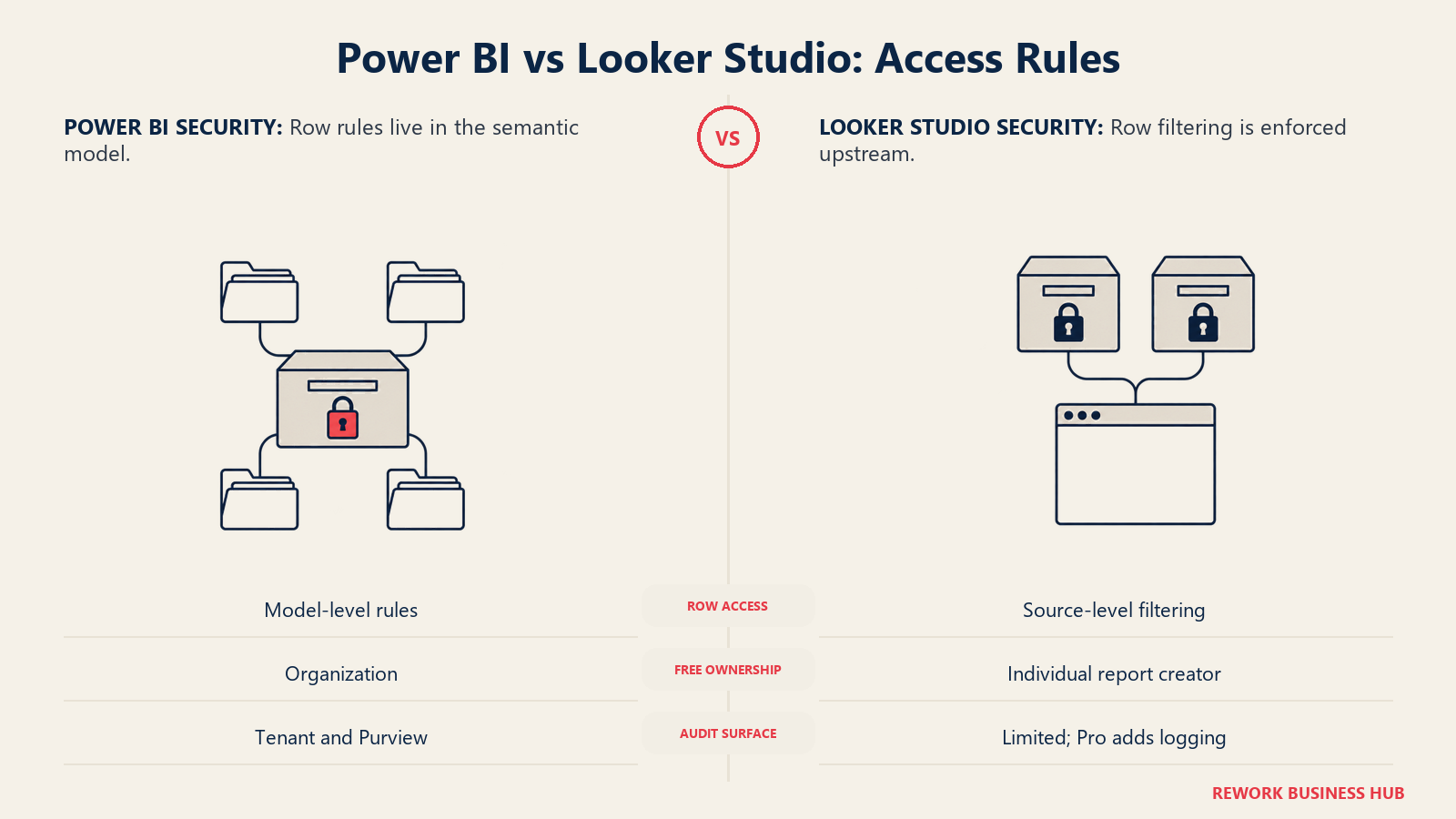Power BI vs Looker Studio: Access Rules illustrated with archive locks