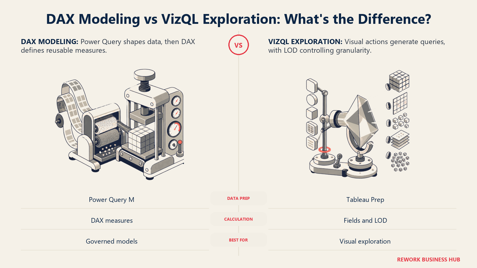 Power Query and DAX modeling bench compared with VizQL and LOD exploration prism