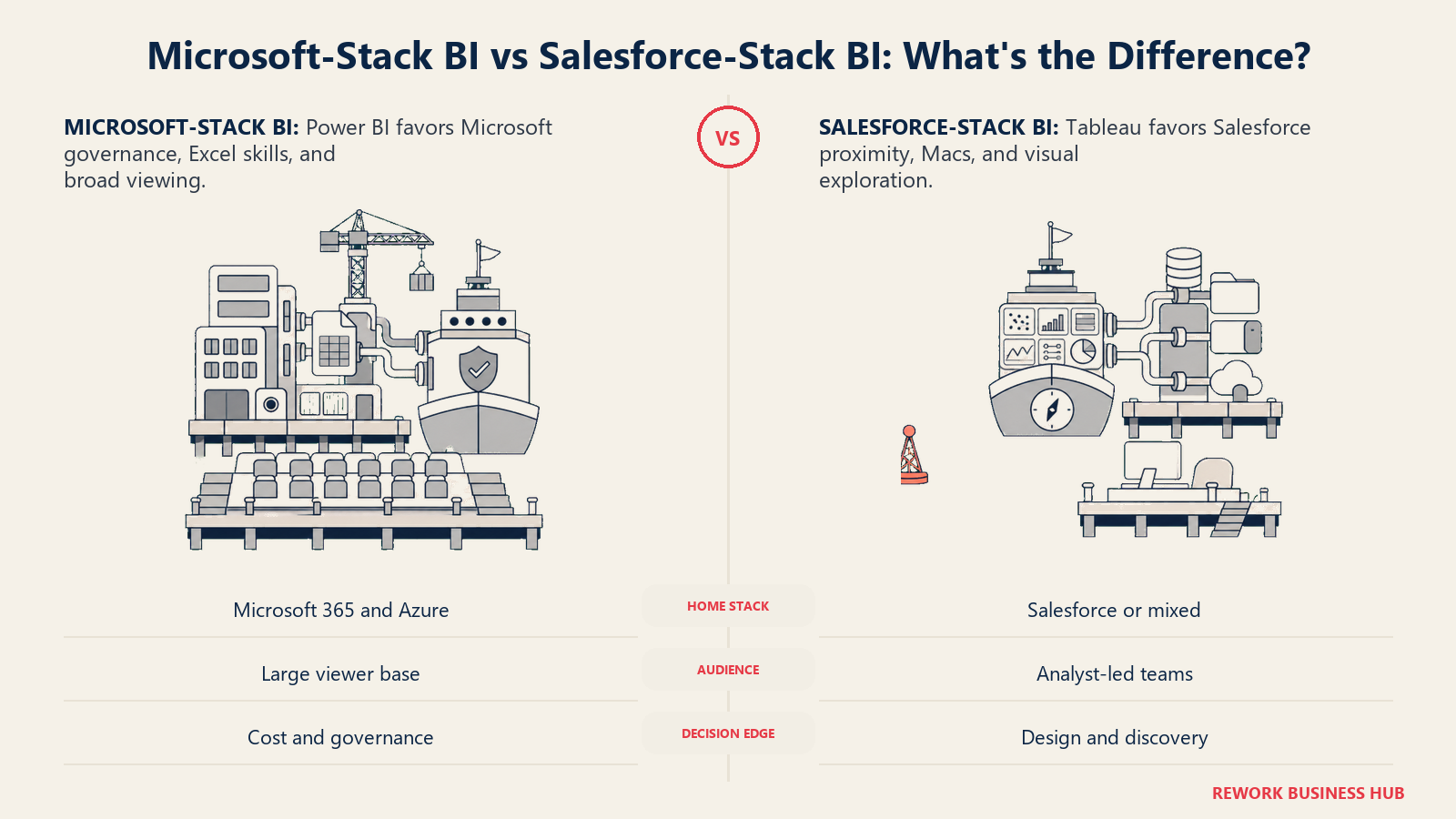 Microsoft-centered analytics harbor compared with a Salesforce and mixed-stack exploration harbor