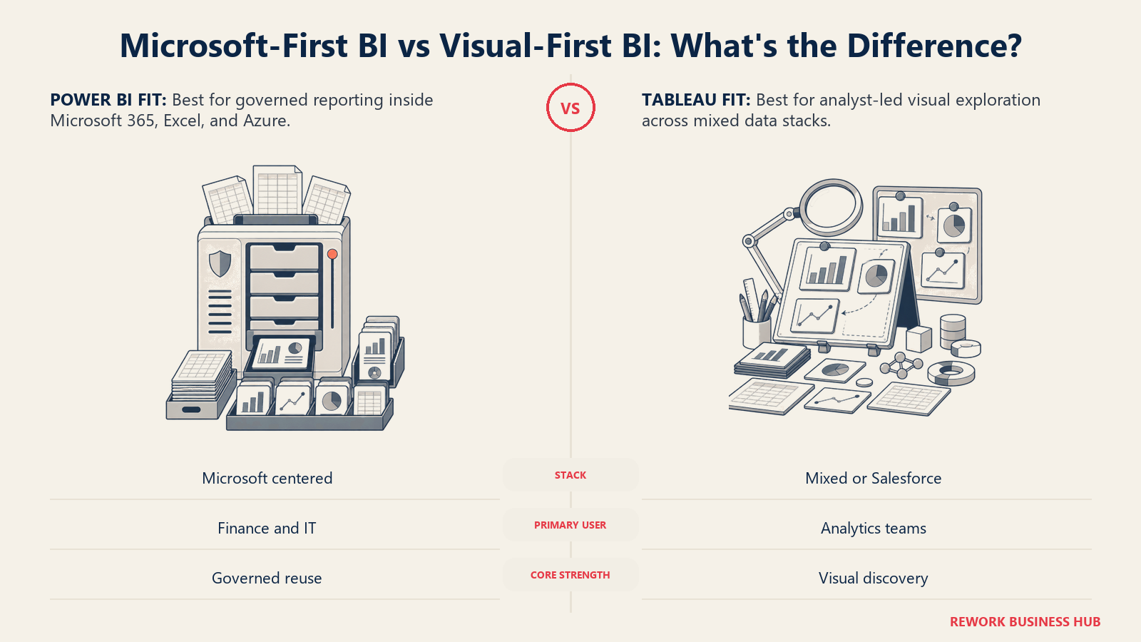Microsoft-first BI reporting bench compared with an analyst-led visual exploration studio