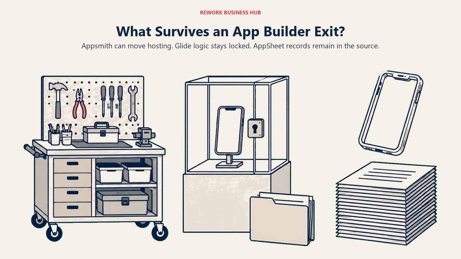 What Survives an App Builder Exit? Appsmith can move hosting. Glide logic stays locked. AppSheet records remain in the source.