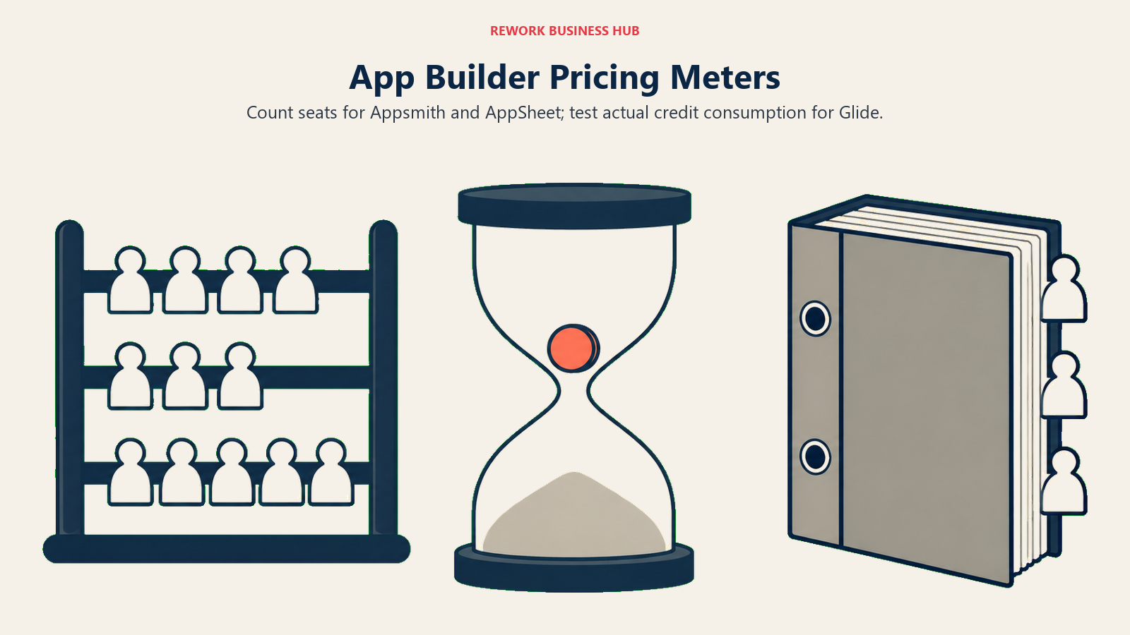 App Builder Pricing Meters. Count seats for Appsmith and AppSheet; test actual credit consumption for Glide.