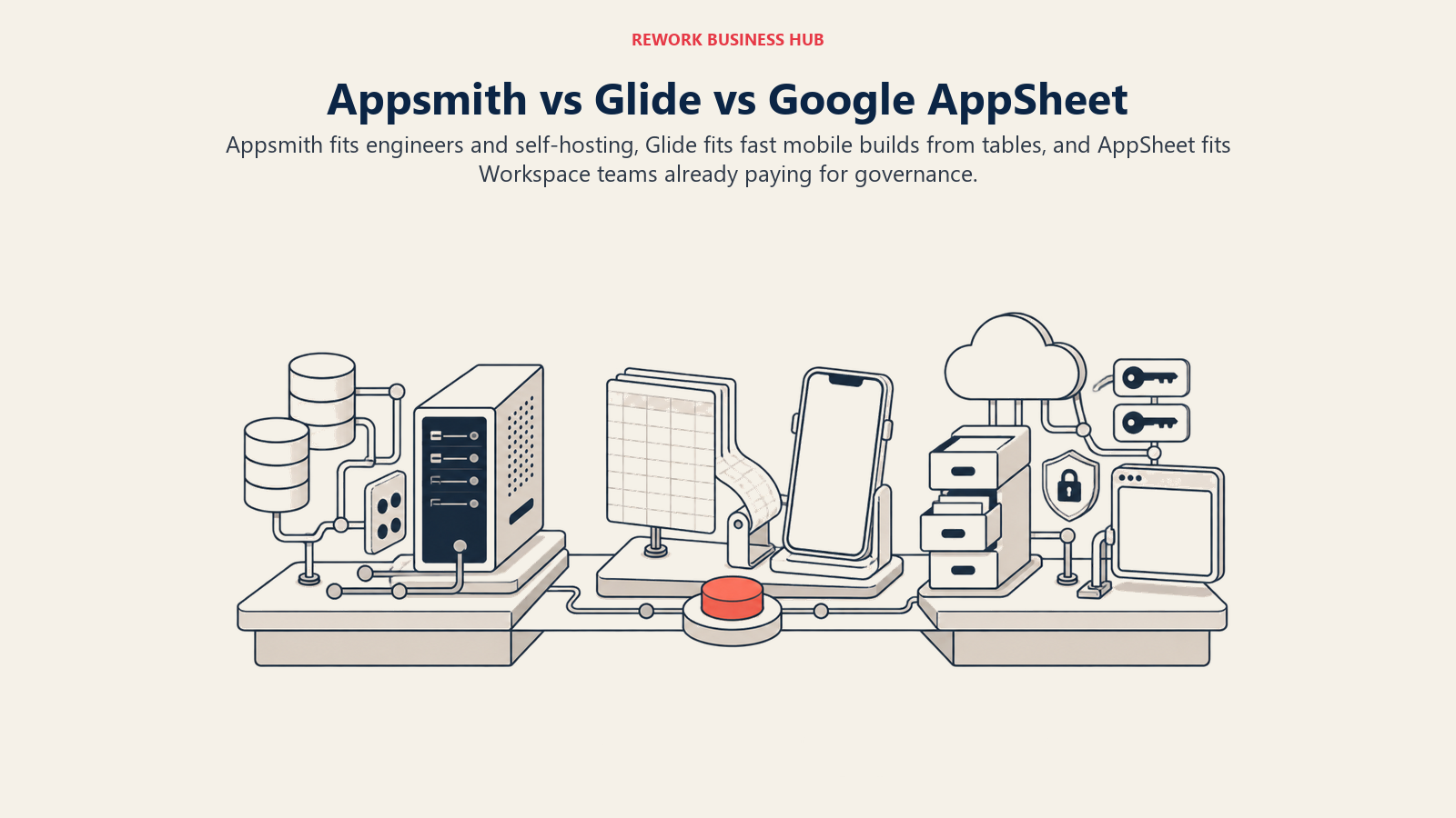 Three app-building stations for developer self-hosting, spreadsheet-to-mobile speed, and Workspace governance