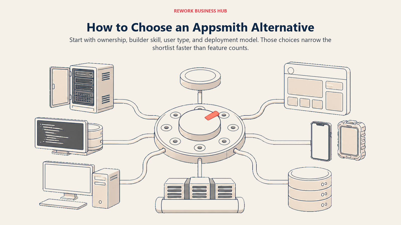 Appsmith alternative decision map branching toward open source, developer control, Microsoft, backend, portal, mobile, and database needs