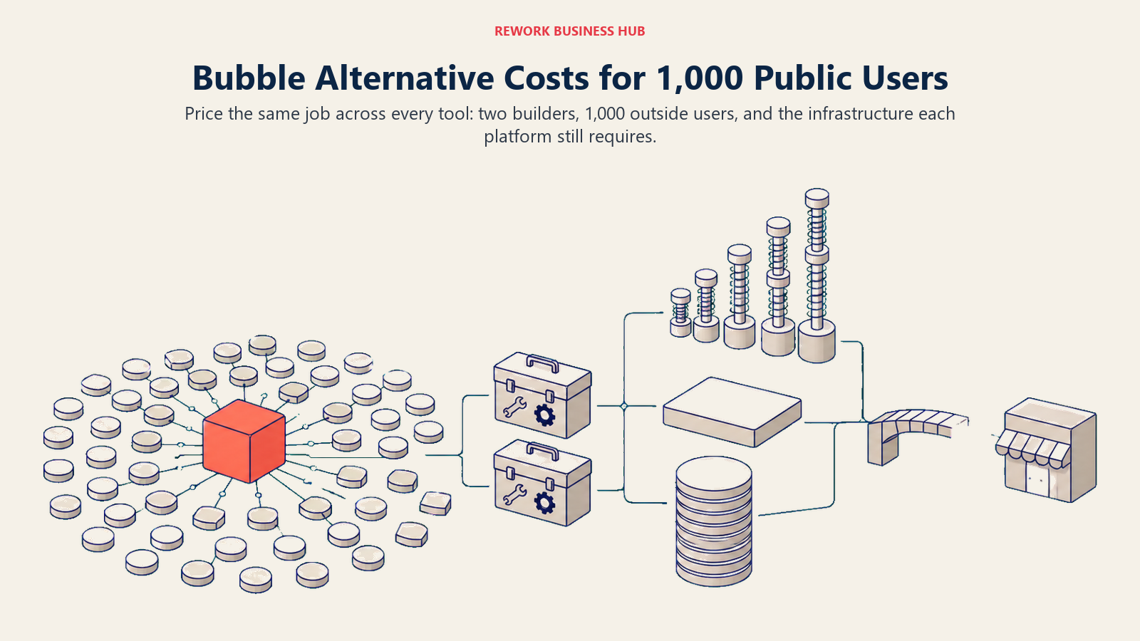 Annual app-builder cost comparison showing one shared two-builder and 1,000-user workload producing volatile, flat, and per-user cost profiles