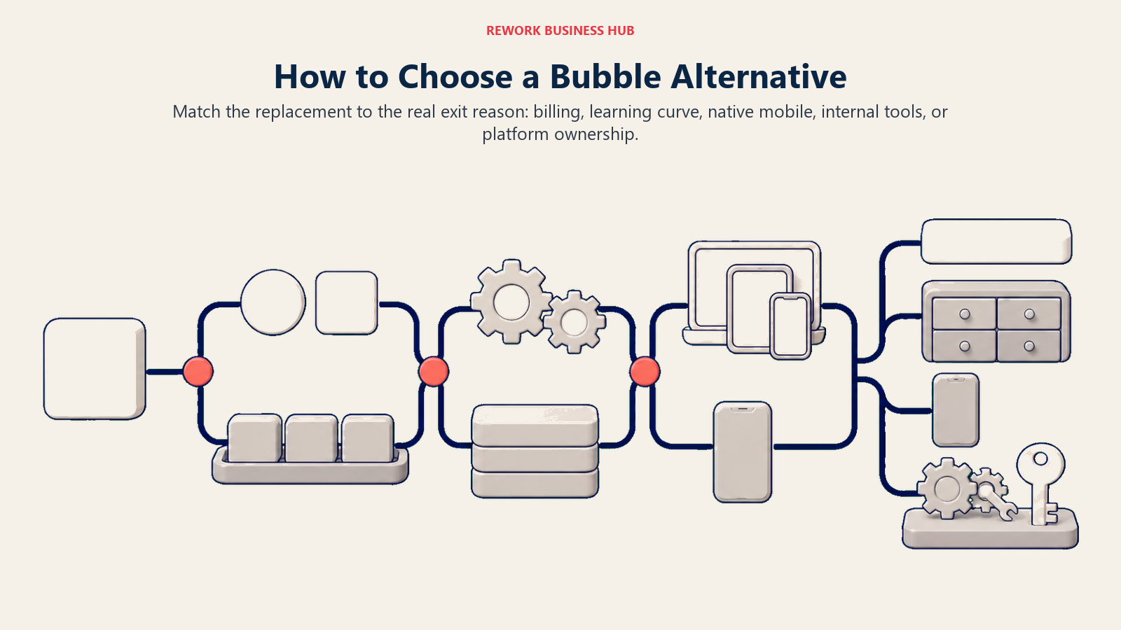 Bubble alternative decision framework branching toward predictable billing, simpler building, native mobile, and internal-tool paths