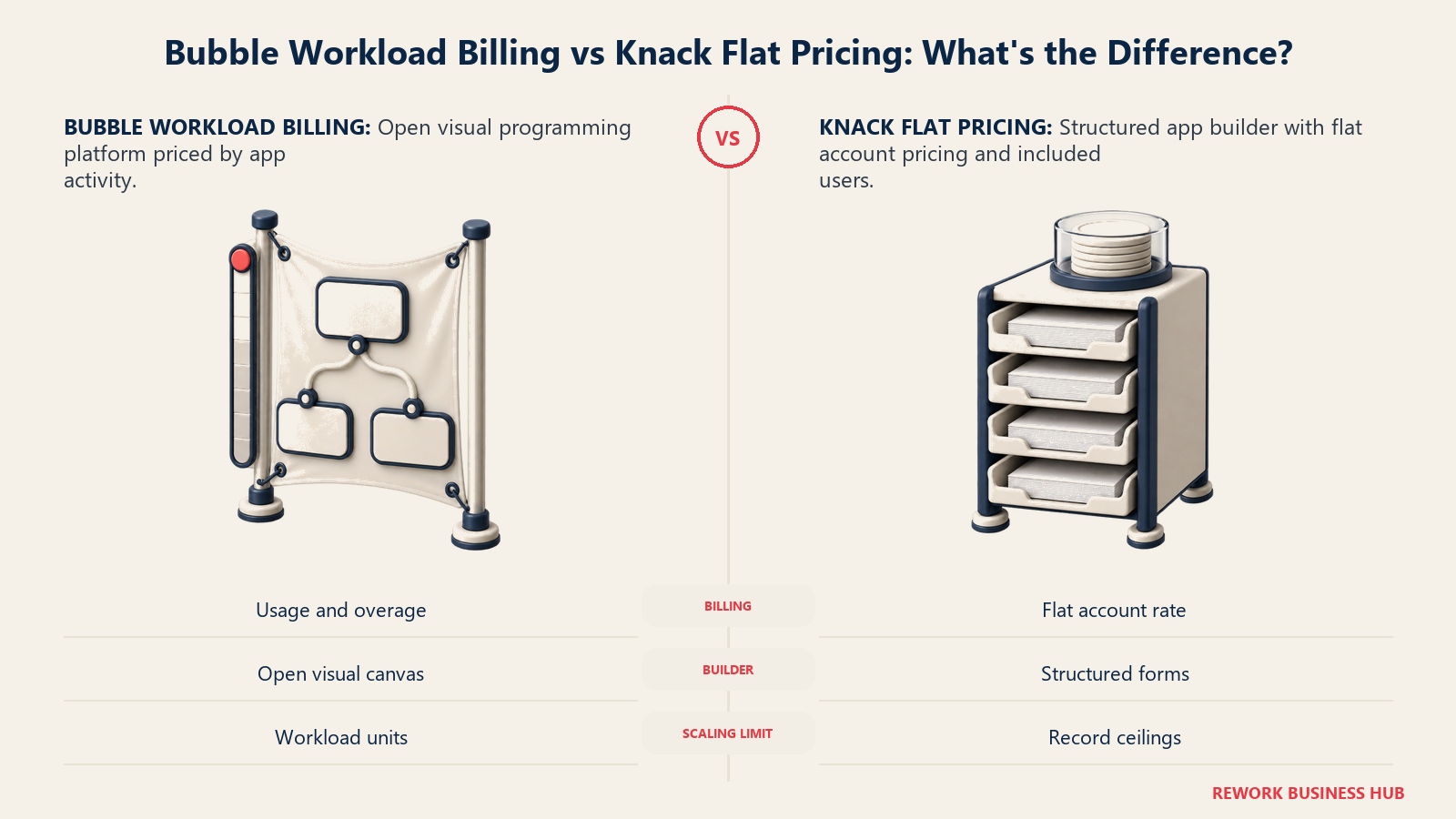 Bubble workload billing compared with Knack flat pricing as an activity meter and fixed-rate record cabinet