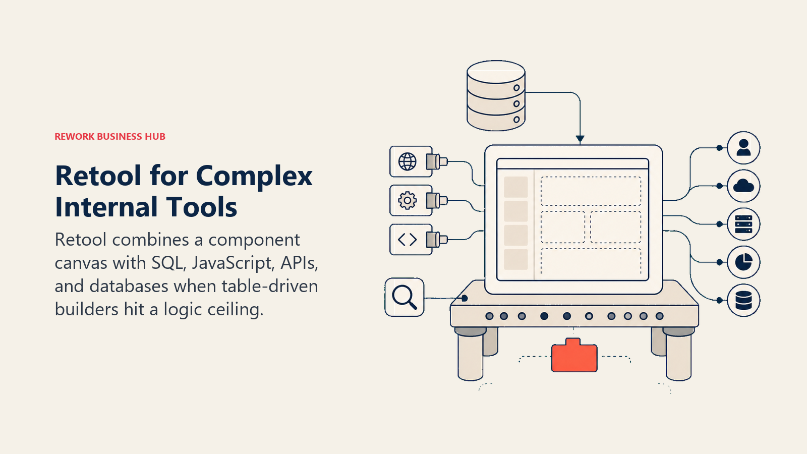 Retool for complex internal tools shown as a component workbench connected to database, API, and query instruments