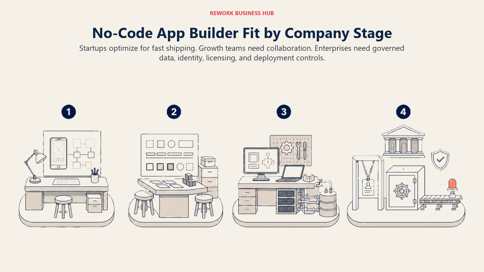 No-code app-building environments progressing from solo prototype bench to growth collaboration studio and enterprise governance campus