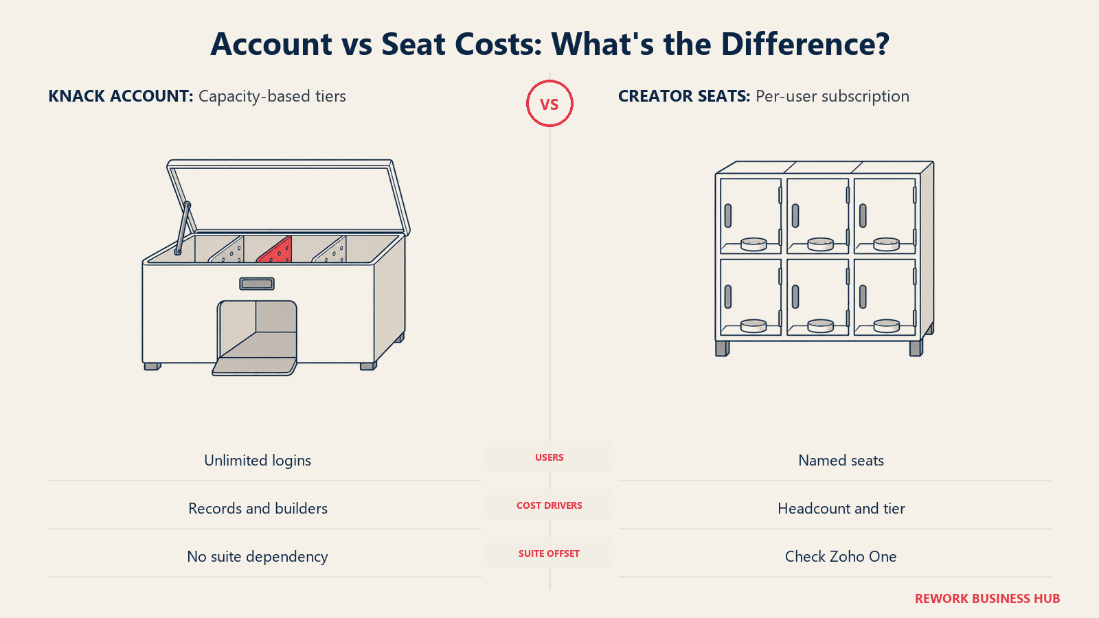 Account vs Seat Costs: What's the Difference? Knack tiers follow capacity; standalone Creator pricing grows with named users.