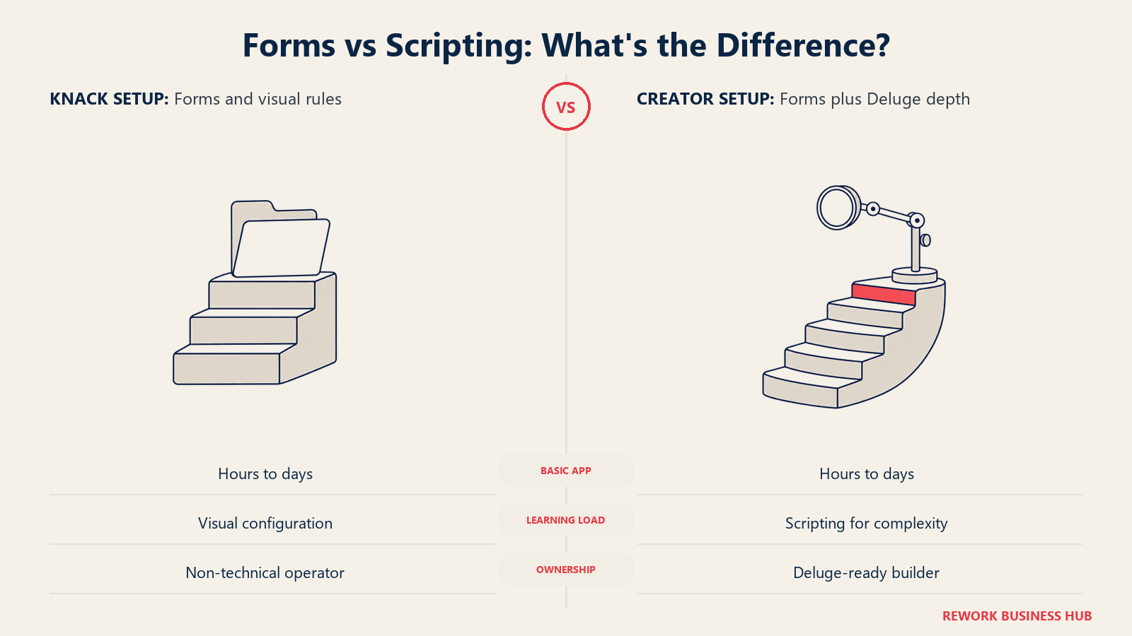 Forms vs Scripting: What's the Difference? Basic apps launch quickly; deeper Creator workflows need time to learn Deluge.