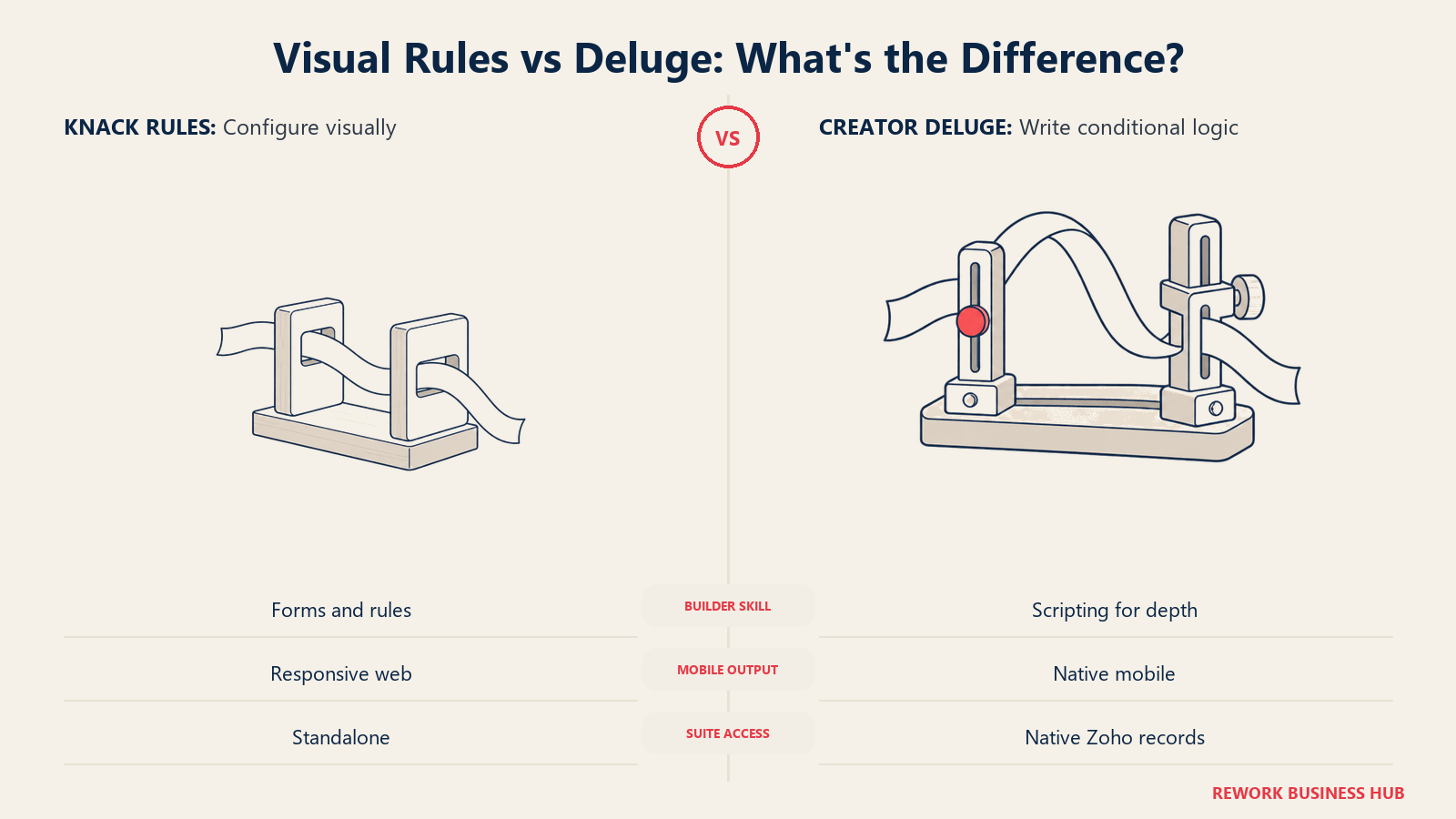 Visual Rules vs Deluge: What's the Difference? Knack uses visual rules; Zoho Creator adds proprietary scripting for deeper logic.